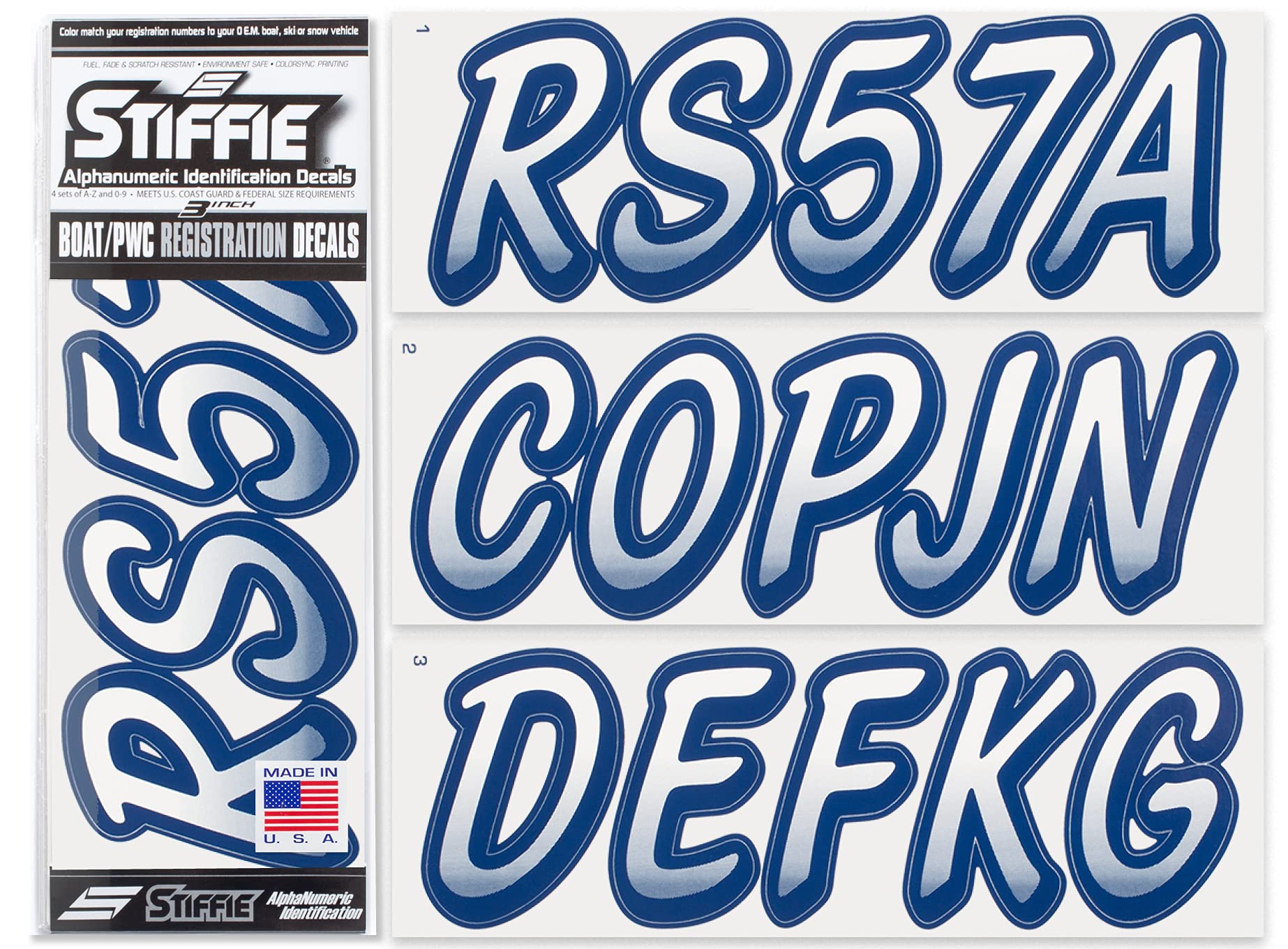 STIFFIE Whipline White/Navy 3" Boat &amp; PWC Registration Decals • Numbers Letters Stickers