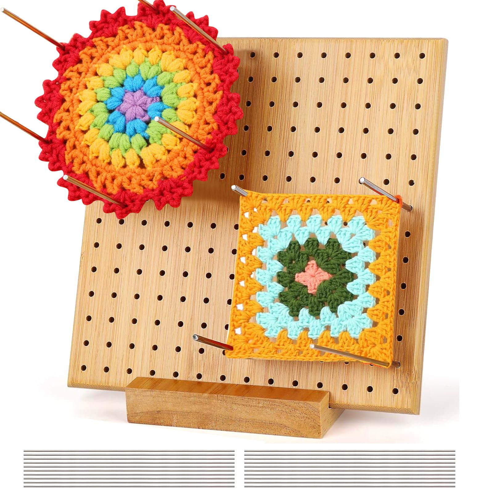 ZDNT Blokkeerbord Voor Granny Squares – 19,5x19,5 Cm – Bamboe Met 196 Pinnen – Complete Set Incl. 10 Roestvrijstalen Pennen En 5 Naalden – Voor Haak- En Breiprojecten