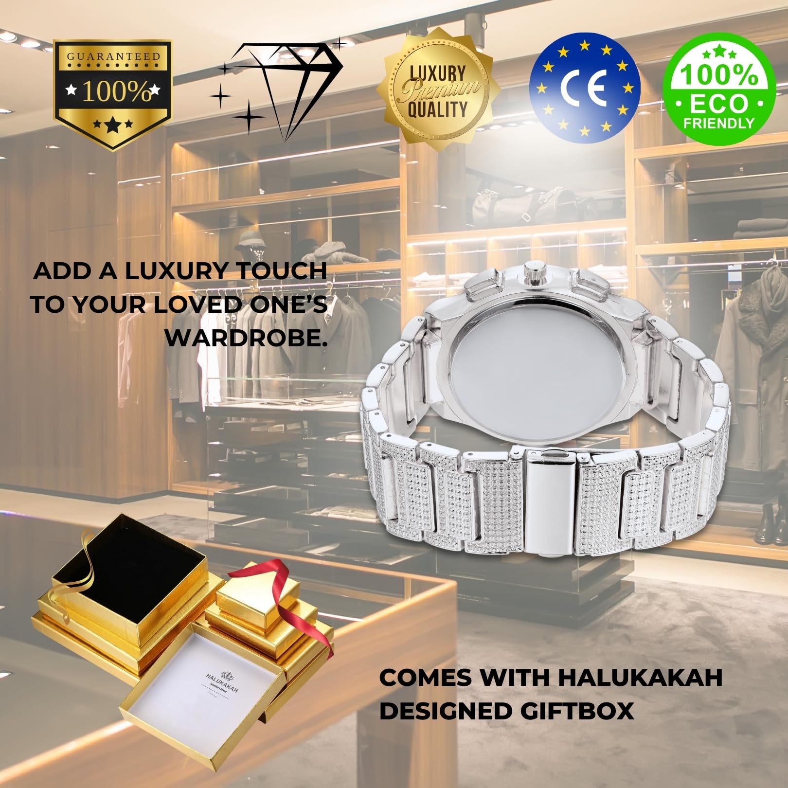 HALUKAKAH Reloj con Diamantes Moissanite para Hombre - Regal - Chapado en Oro Real 18K/Oro Blanco Platino,Esfera Redonda Grande con Números Romanos,Correa de 21,5cm - Caja de Regalo Incluida