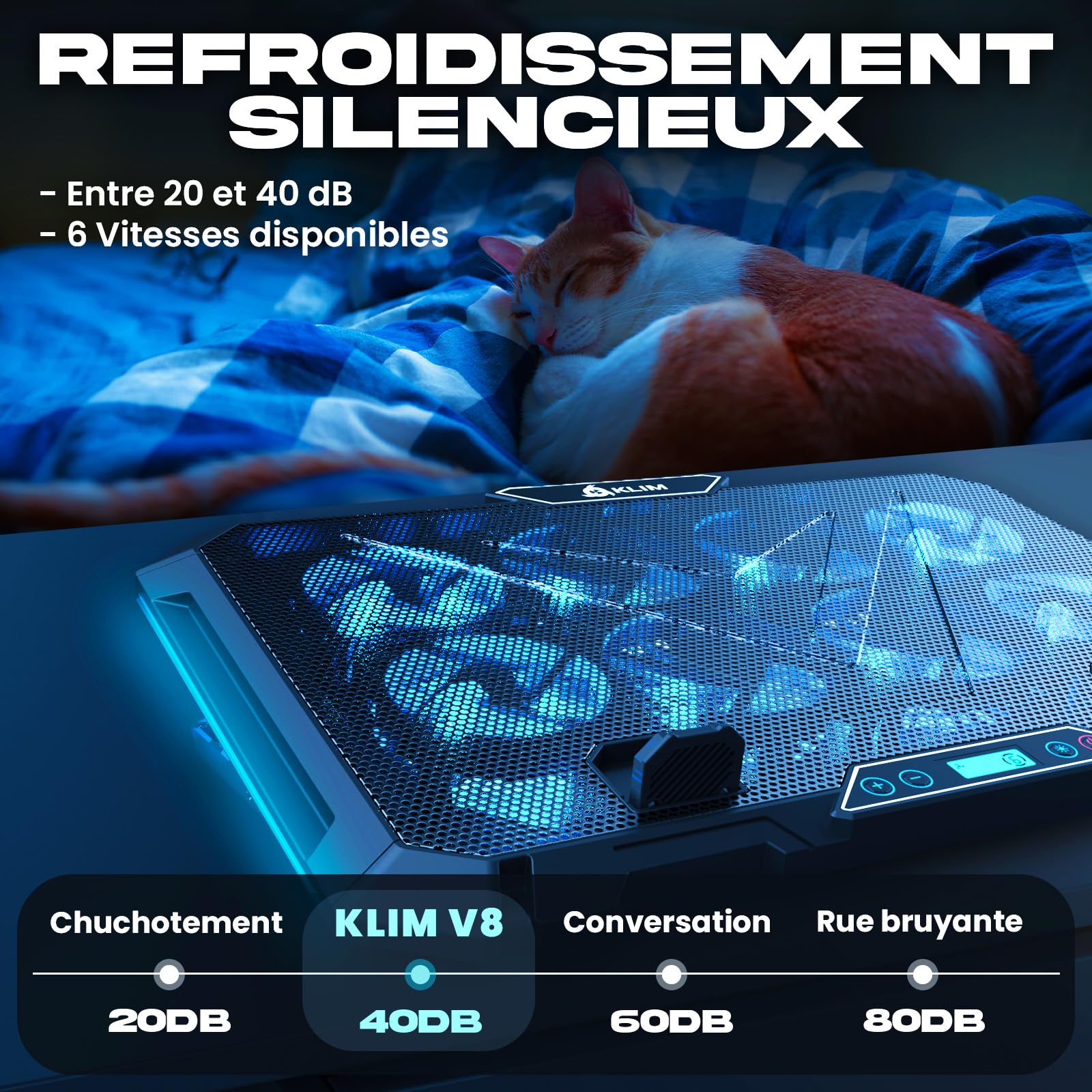KLIM V8 Refroidisseur PC 8 Ventilateurs Rétroéclairage RGB Support Ventilé Ordinateurs 11" à 17" 2 Ports USB
