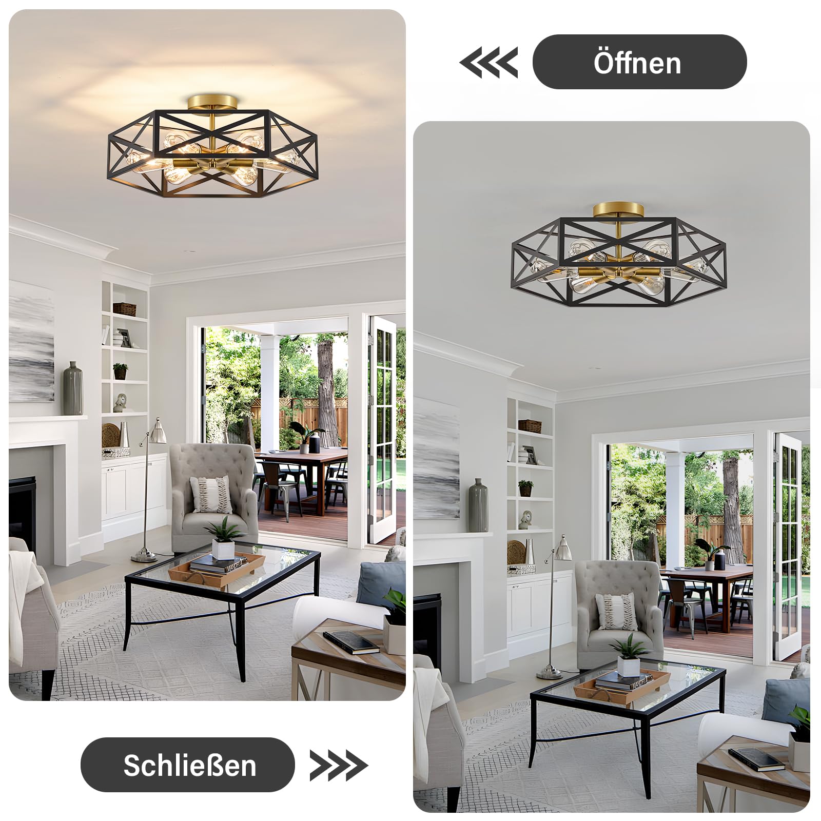 Lampada a Soffitto Vintage Nera e Oro 6 Luci E27, Stile Industriale Semincassata, Struttura in Metallo, Design a Gabbia Moderno per Cucina, Ingresso, Camera da Letto, Soggiorno
