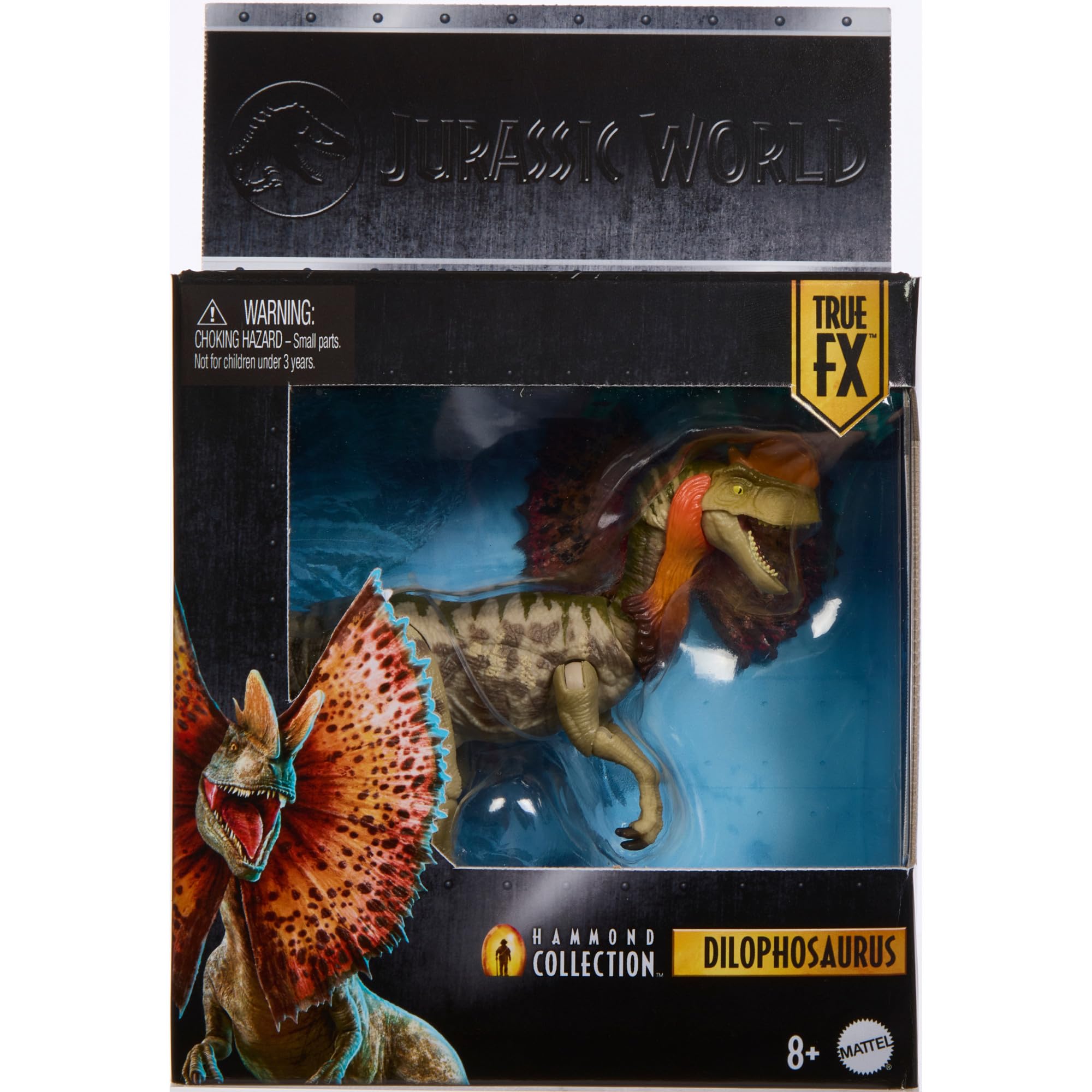 Mattel Jurassic World Colección Hammond Dilofosaurio Figura de acción de Dinosaurio. Diseño de Primera Calidad con Ojos realistas, articulaciones y Cabeza Adicional, JKM93
