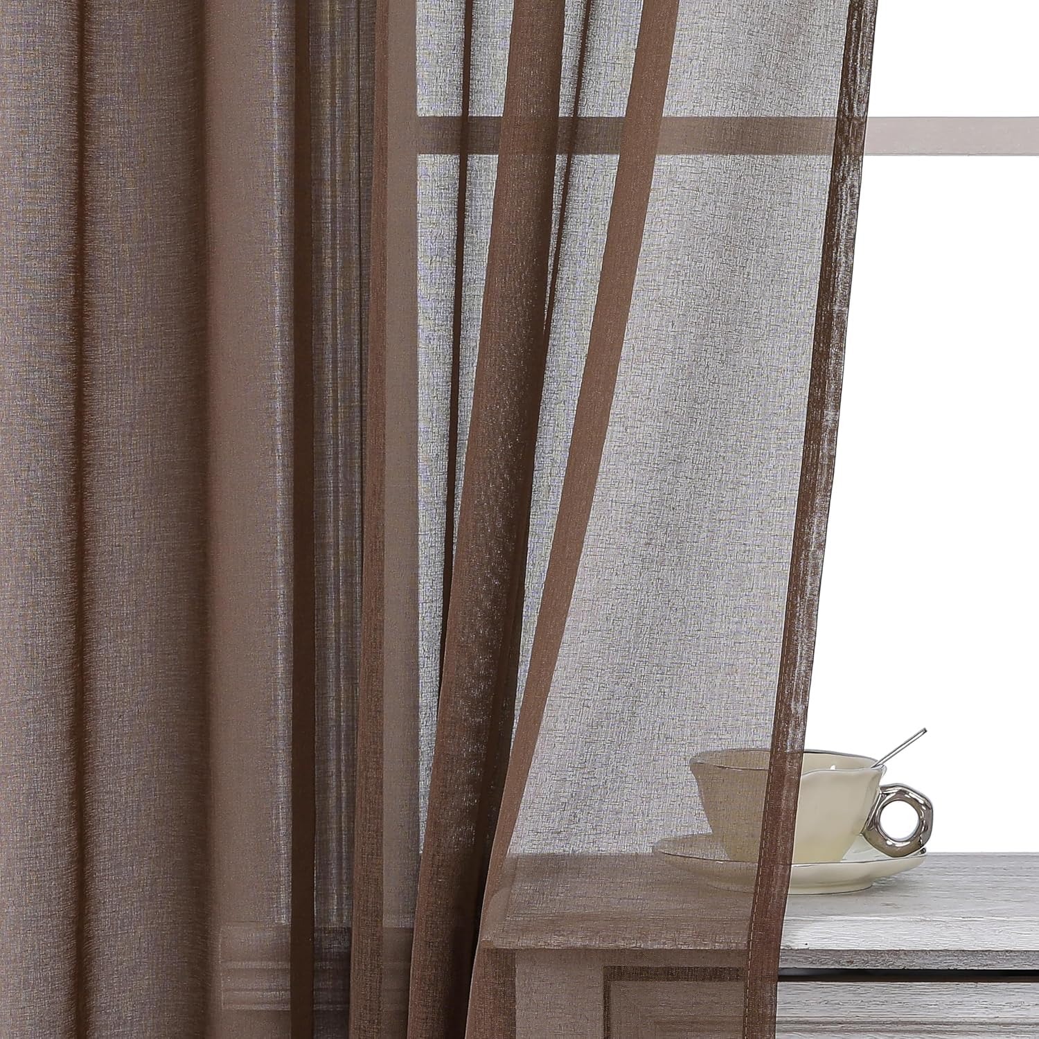 Joydeco Lot de 2 Rideau Voilage Marron 140x260cm avec Galon Fronceur pour Rail, Voilage Fenêtre Semi-Transparent pour Filtrage de Lumière et Décoration de Chambre Salon (Crochets Non Inclus)