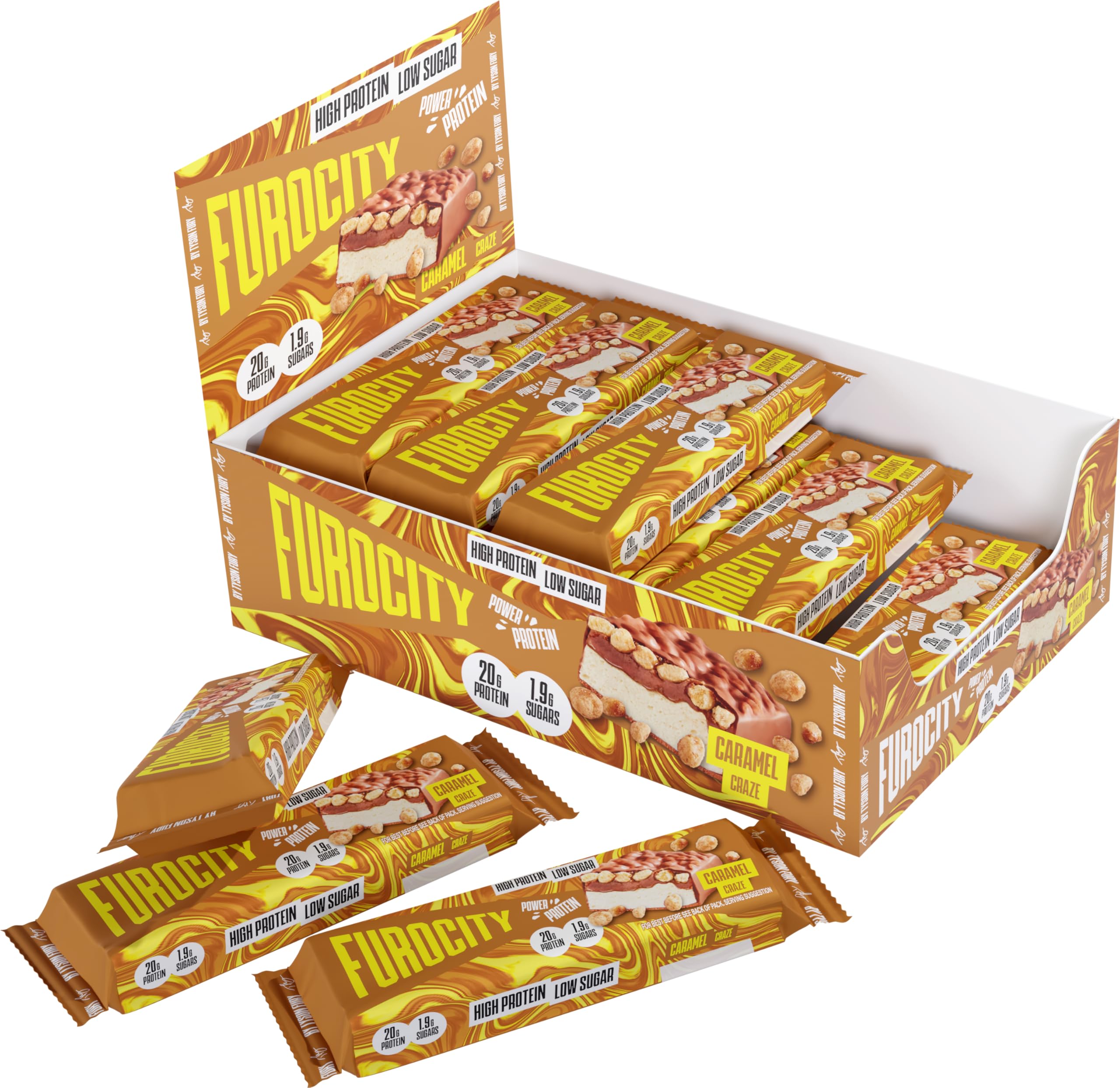 by Tyson Fury Protein Bars, Caramel Flavour, Case of 15 x 60g Bars, 20g Protein per Serving, Low in Sugar, Pre and Post-Workout Snack