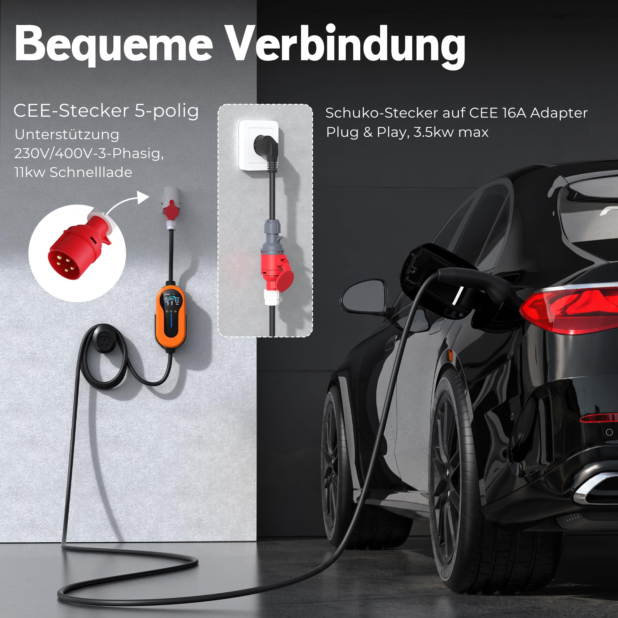 Mobile Wallbox 11kW mit App, 7m Typ 2 Ladekabel, 16A 3-Phasen CEE Stecker, 6-16A Einstellbar, Schuko Adapter, LCD Display, IP65 Wasserdicht, inkl. Tragetasche, Traenvir