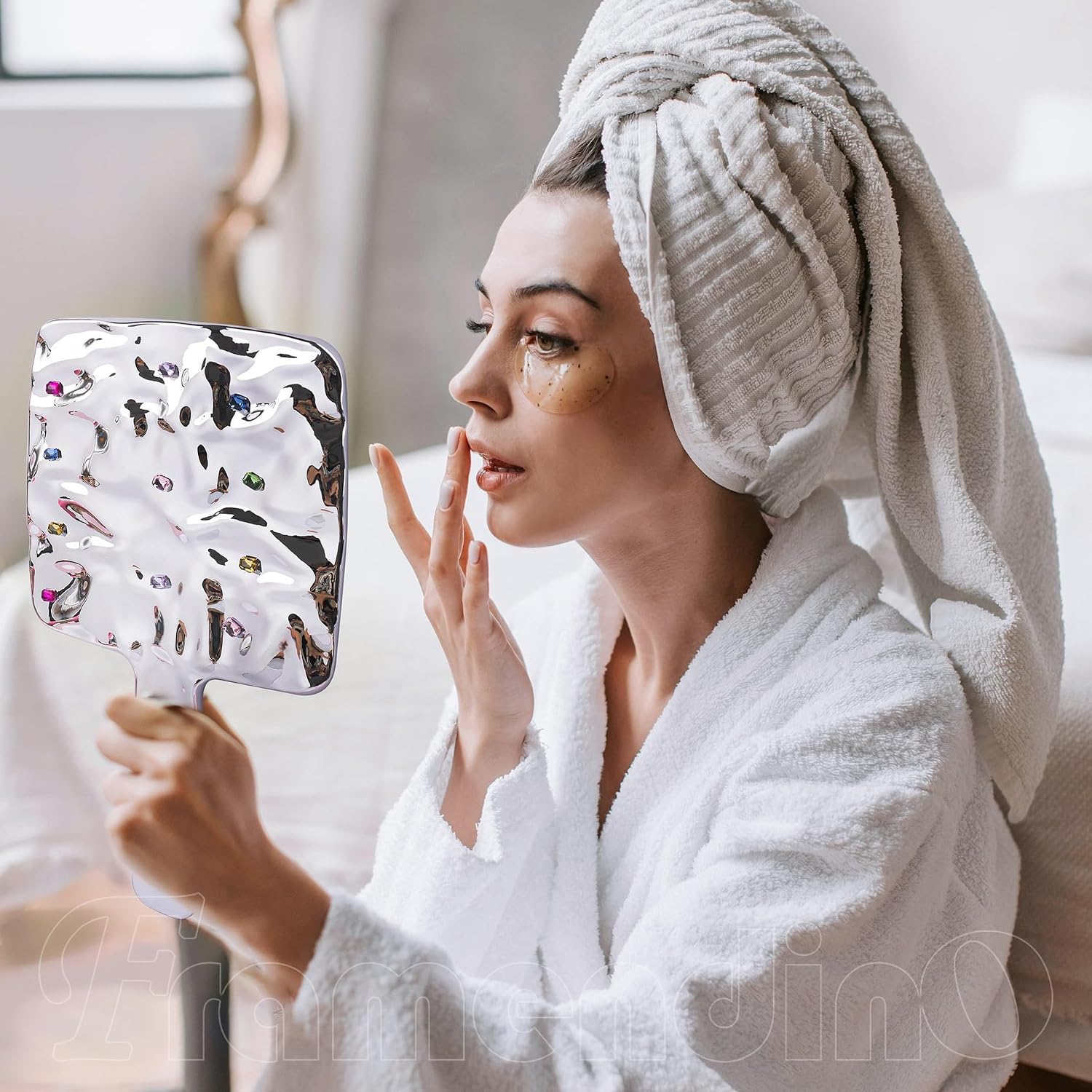 Framendino, Rhinestone Handheld Mirror Square Bling Glitter Cosmetic Dazzling Portable Water Ripple Frame Hand Mirrors with Handle for Women image 5
