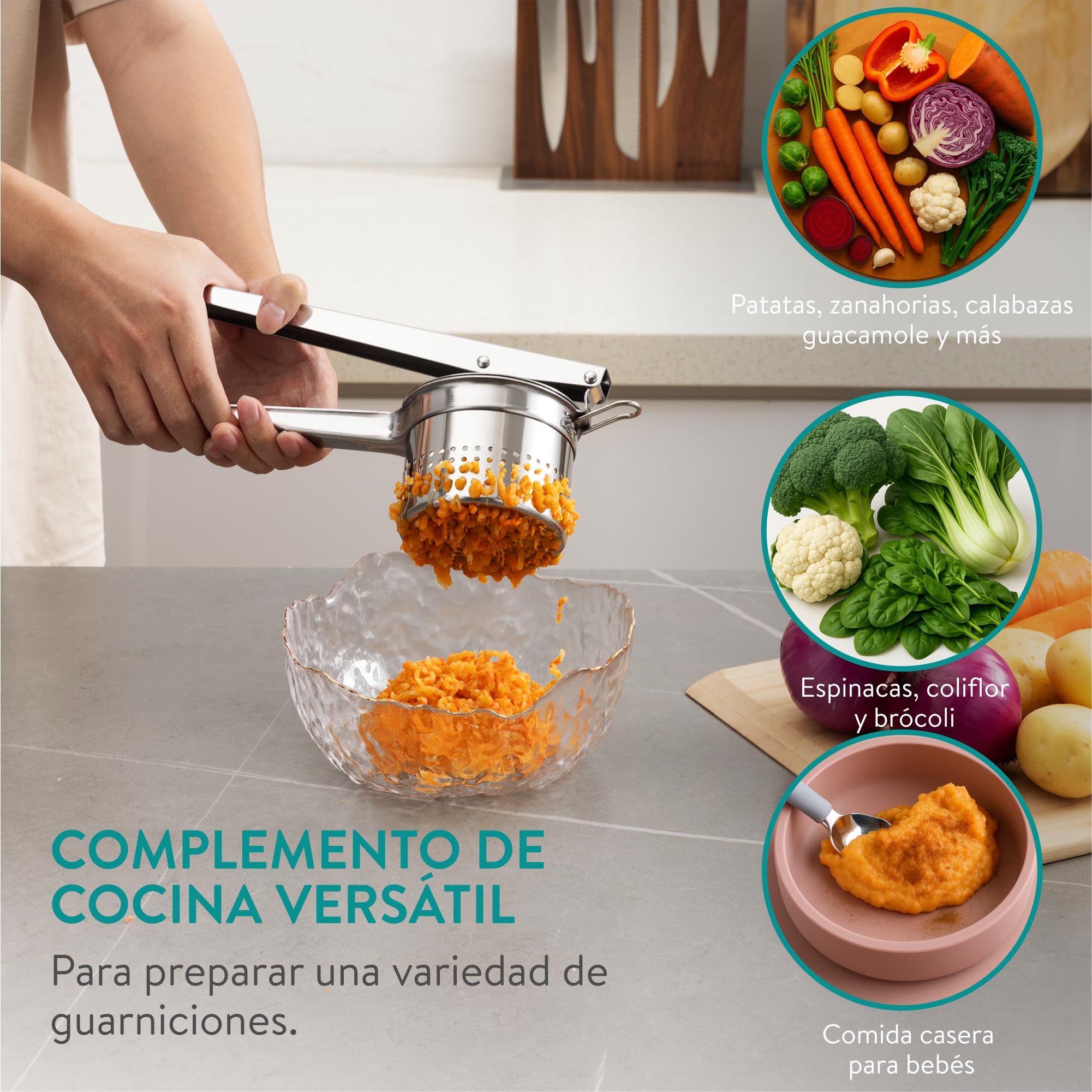 Navaris Pasapurés de acero inoxidable con tres discos incluidos - Colador profesional de cocina de Ø 30 CM - Para puré de patatas o potas para bebés