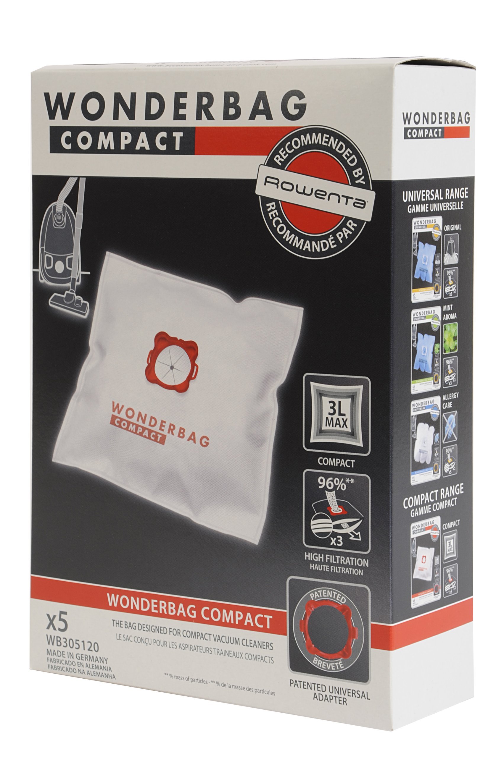 Rowenta Compact Power Morado RO3969EA - Aspirador trineo con bolsa de alta filtración y filtro permanente gran eficiencia + Wonderbag Compact WB305120 - Pack de 5 bolsas para aspiradora