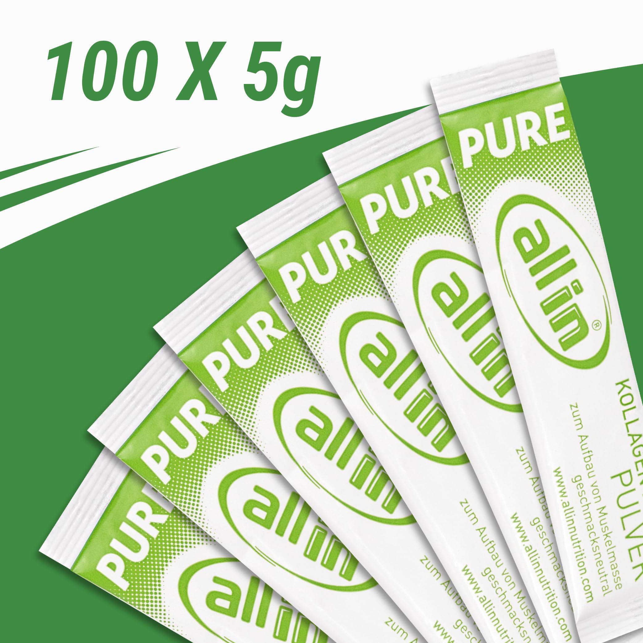 all in® PURE reines Kollagen Protein Pulver 100 x 5g Stick ohne Kohlenhydrate - Sportnahrung hochwertiges Eiweiß ohne Zusatzstoffe ideal zum Muskelaufbau | Geschmacksneutrales Kollagen Pulver vom Rind