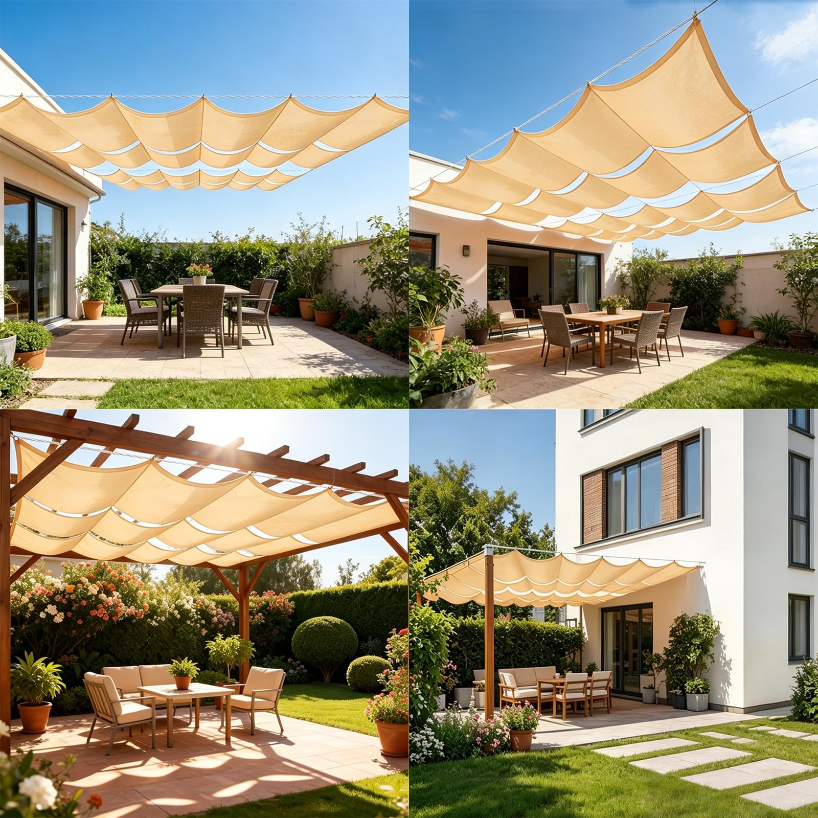 Wysuwany Żagiel Zacieniający Typu Fala 200 x 750 cm Odporny Na Promienie UV Damski Daszek Zacieniający Do Pergoli Z Liną Na Patio, Do Ogrodu I Na Podwórko, Kolor kremowy