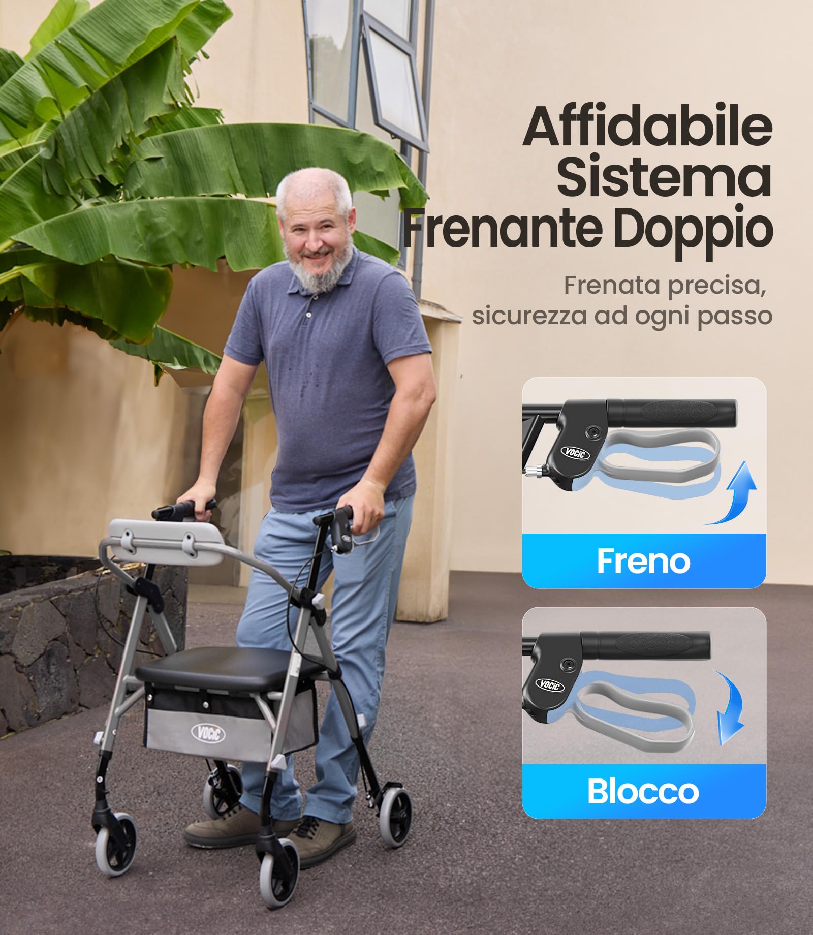 VOCIC Deambulatore pieghevole e leggero con seduta, 6,3 kg ultraleggero | Deambulatore per anziani, max 150 kg, sedile ergonomico, altezza regolabile, walker stretto per casa & viaggi, argento
