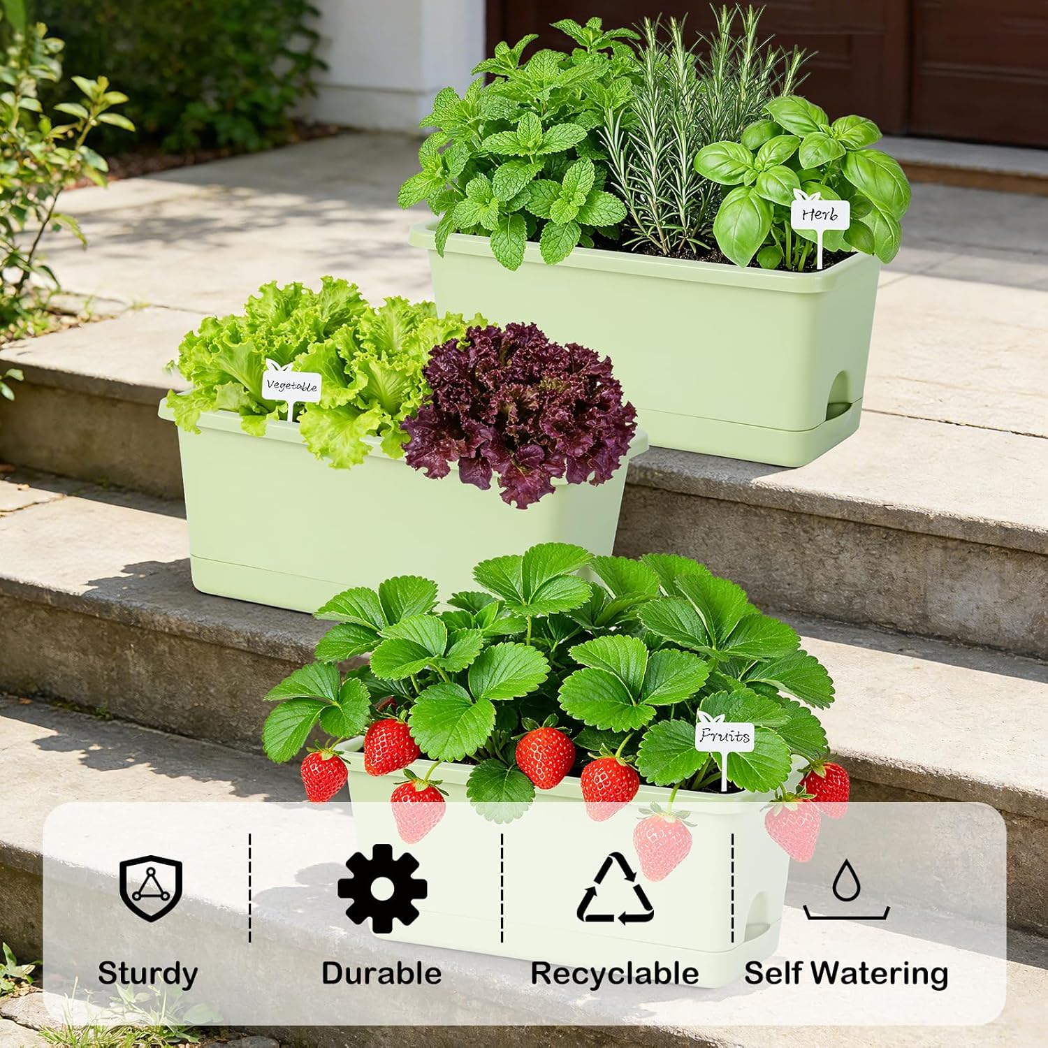 Oliz Window Box Planter 6 Packs, 13.8 Inches Rectangle Flower Pots with Drainage Holes & Trays, Pots for Vegetables, Herbs, Flowers, Garden Windowsill Balcony (Green)