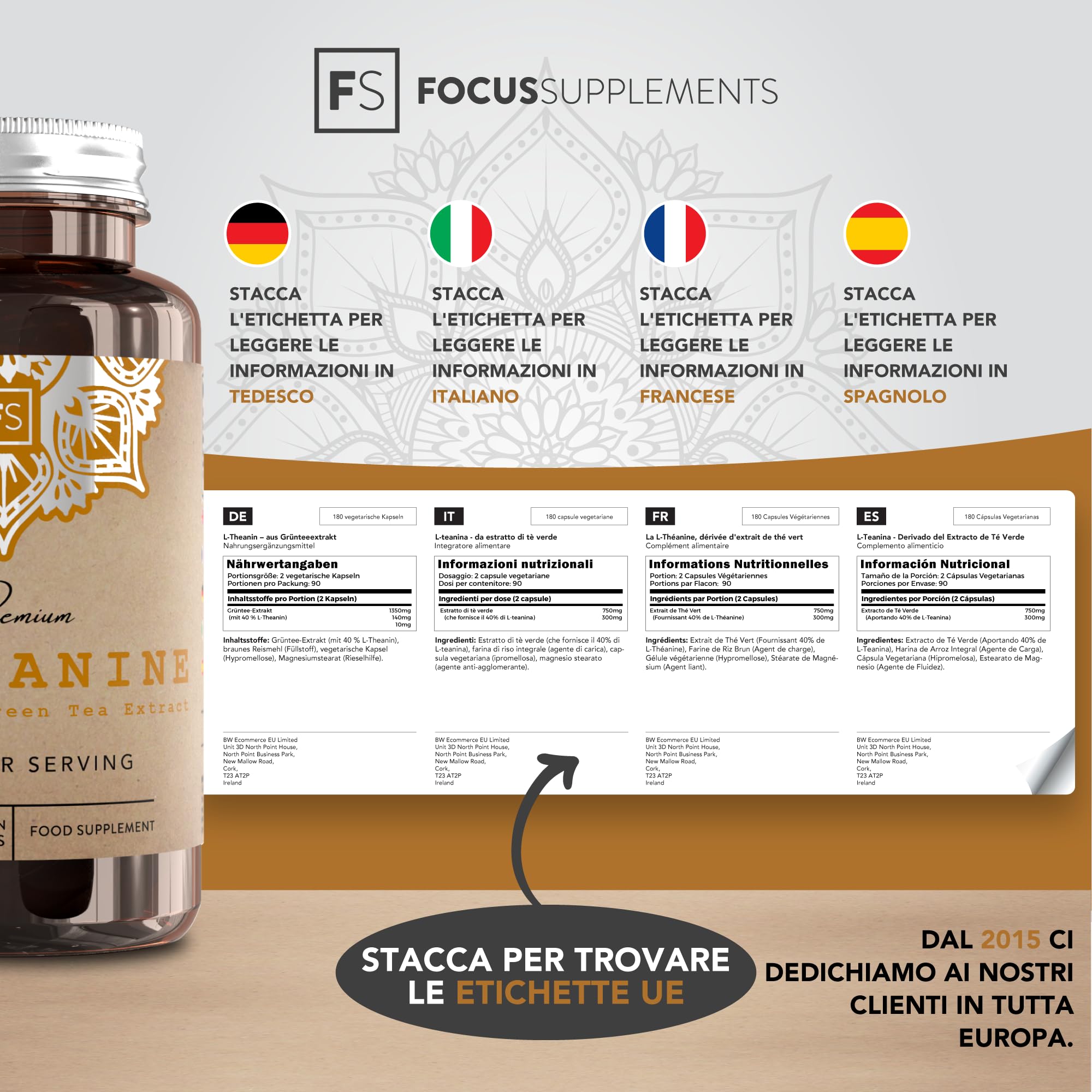FS Teanina | 180 Capsule di L Teanina da Tè Verde - 300mg di L Theanine per Dose | L-Teanina ad Alta Potenza | Non-OGM, Senza Glutine e Allergeni | Prodotto nel Regno Unito
