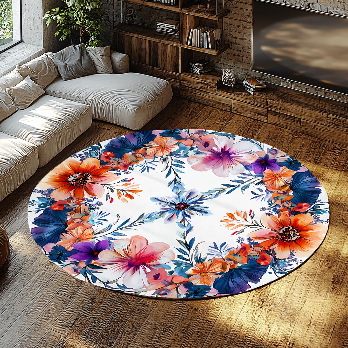 Tapis de salon rond couronne de fleurs vintage pour une ambiance jardin