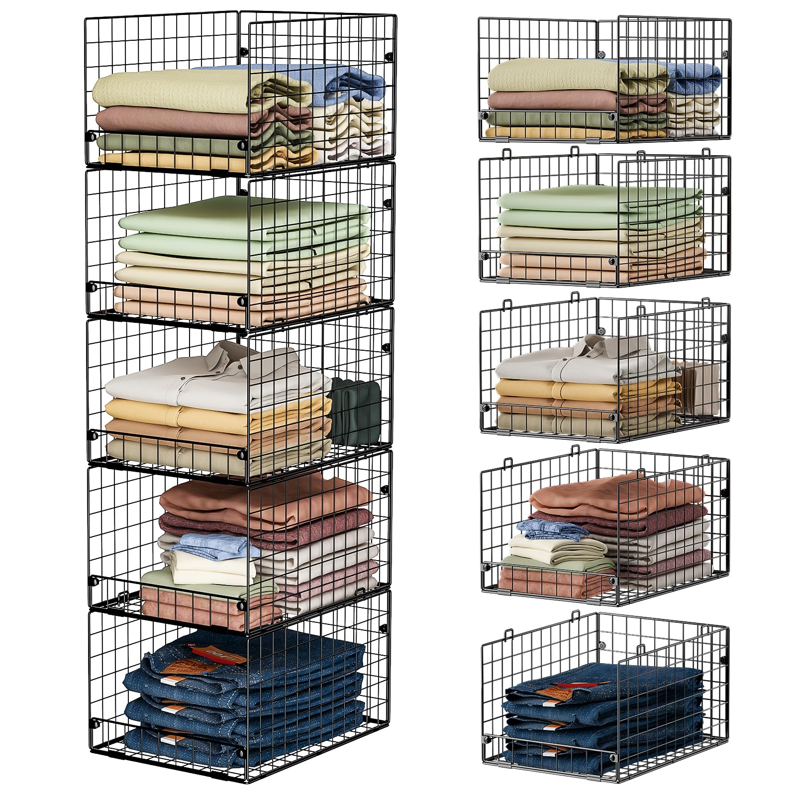 5-Tier Stackable Closet Storage Baskets, Closet Organizers and Storage Shelves, Foldable &amp; Stackable Clothes Storage Bins for Closet System, Closet Shelf Organizer for Home,Black(Patent No. 30022416)
