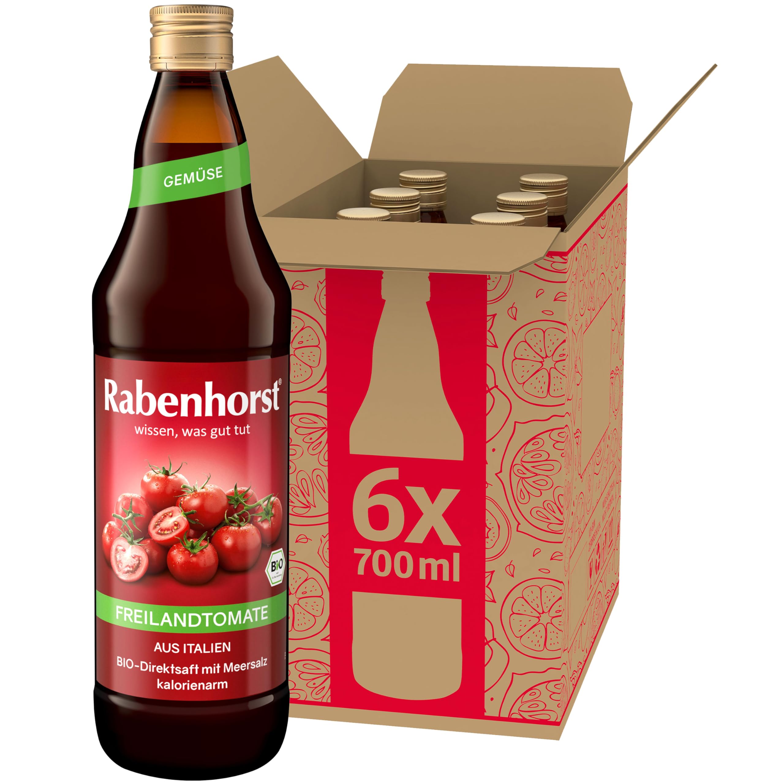 Rabenhorst Freilandtomate BIO, 6er Pack (6 x 700 ml) | Hochwertiger Tomatensaft aus 100 % Direktsaft