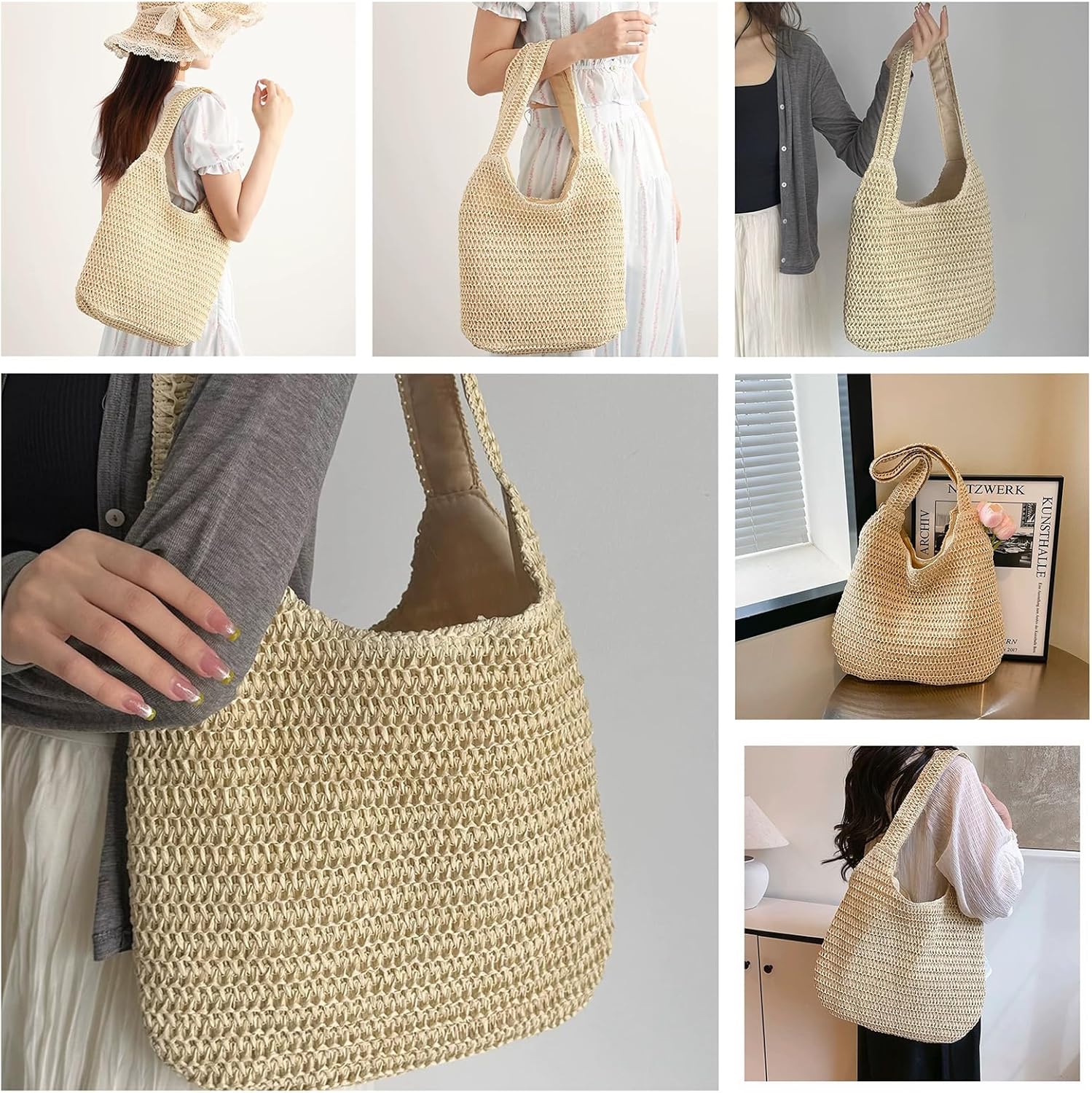 Aphoraeny Straw Beach Bag Buckets Totes Handbag Shoulder Tote Bag Straw Purse Summer Purse Women Summer Handbag