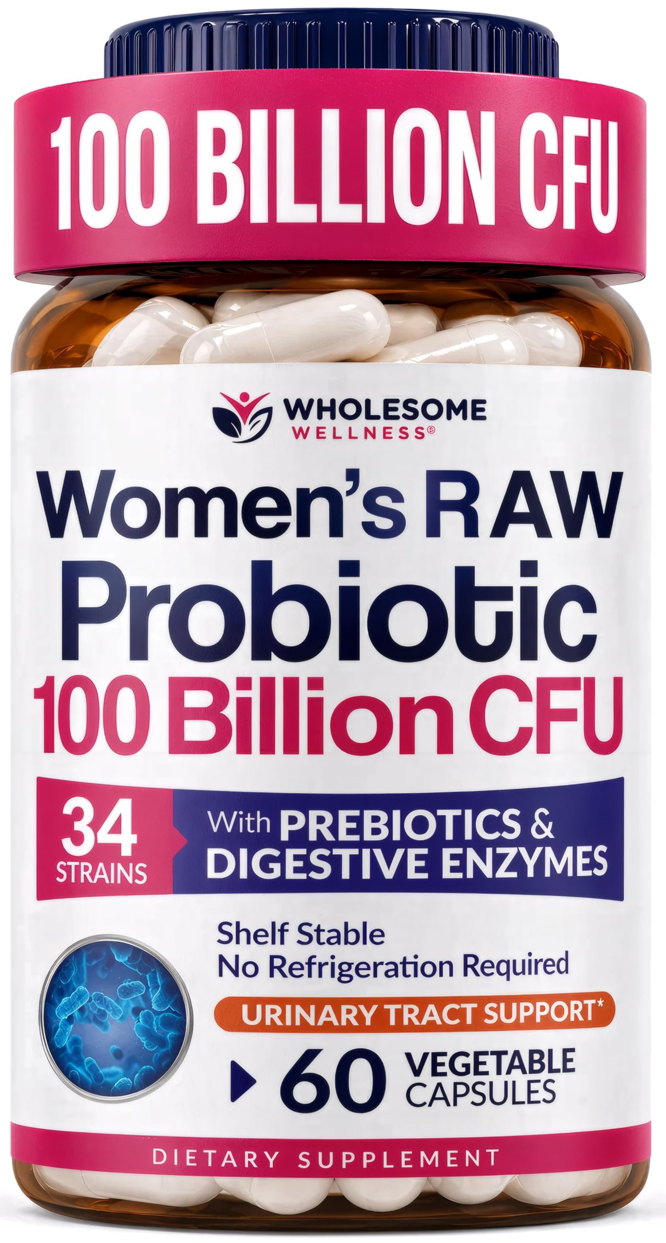 Wholesome Wellness Dr. Formulated Raw Probiotics for Women 100 Billion CFUs Capsules with Prebiotics, Digestive Enzymes, Approved for Adults, Shelf Stable Supplement 60 Count (Pack of 1)