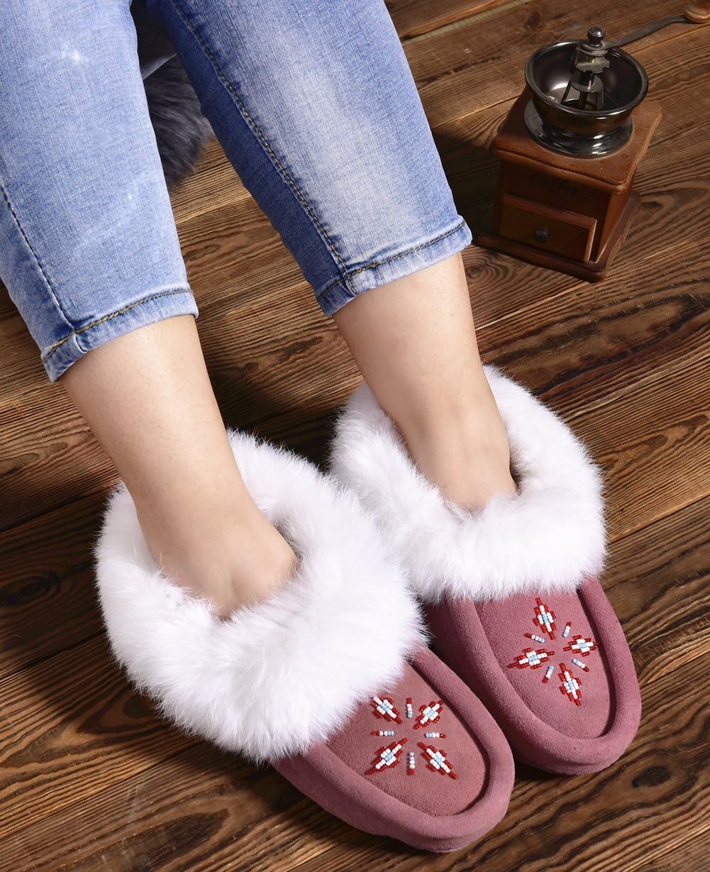 Women Moccasins Indoor Slippers of Soft Sole Fleece Lined Rabbit Fur Trim - Image 2