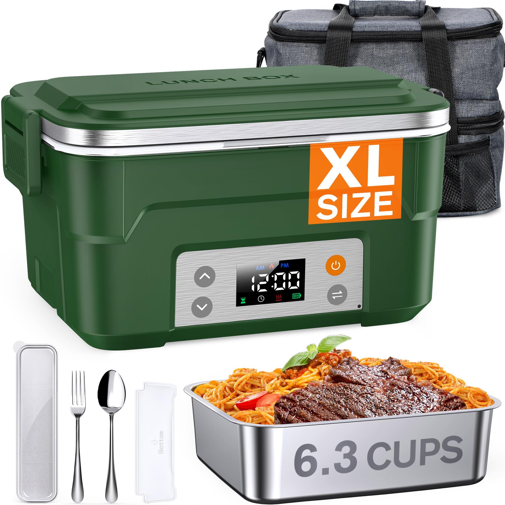 EAST OAK XL Cordless Electric Lunch Box with food inside, showing its compact design and digital display.