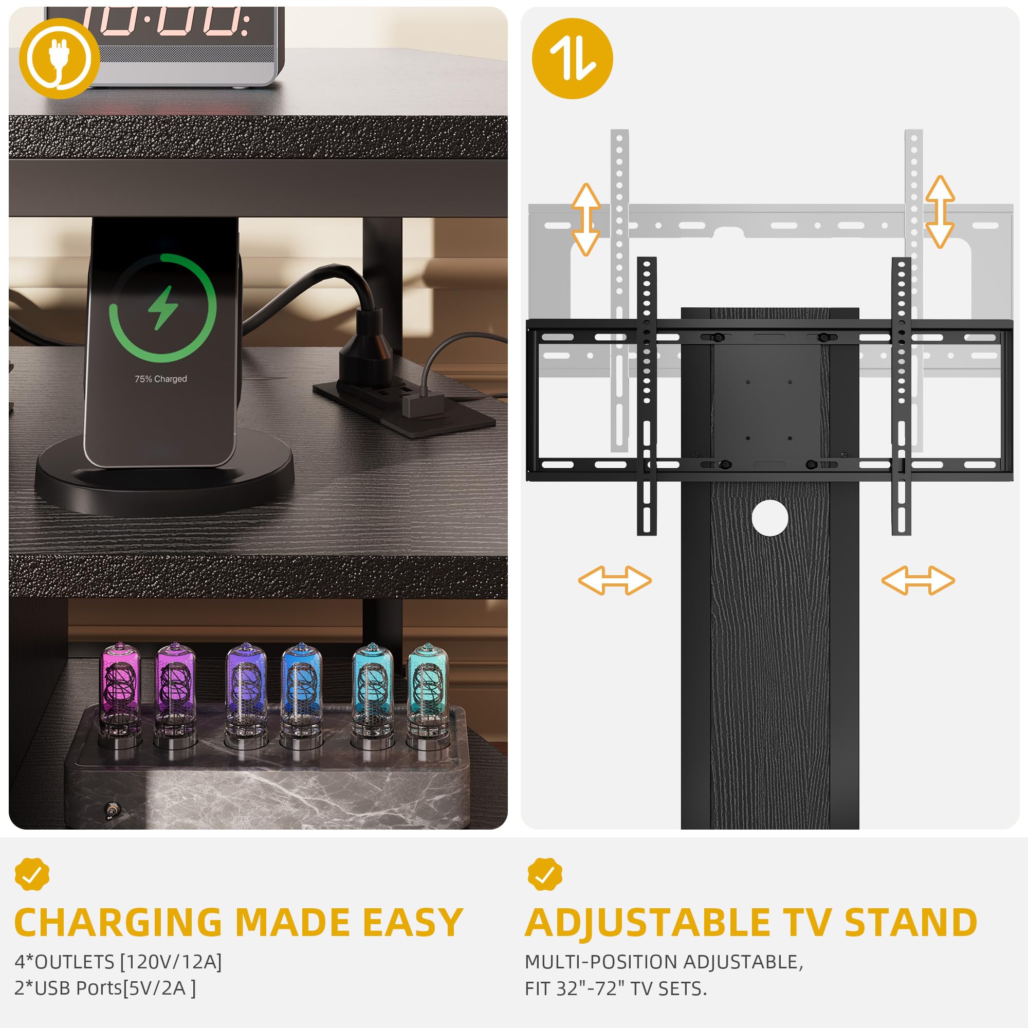 DWVO Black TV Stands for Living Room w/Power Outlet, TV Stand with Mount, LED Entertainment Center for 70/65/60 inch TV, Height Adjustable TV Console Cabinet, Black