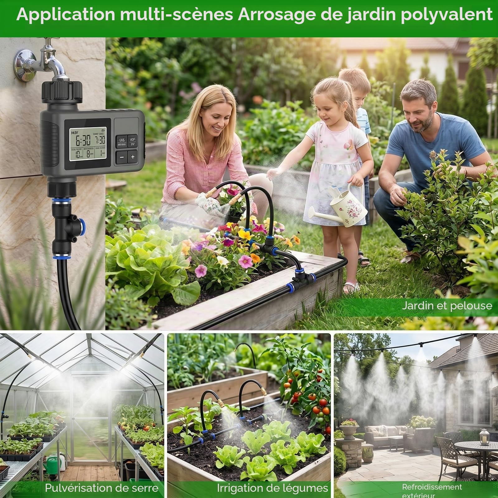 Système irrigation Automatique jardin 18m, avec Capteur Pluie et Minuterie | Kit Arrosage Automatique Goutte à Goutte avec Tuyau 18 m et 18 Buses 360°, pour Potager, Serre, Massif Fleurs, Plantes en Pot