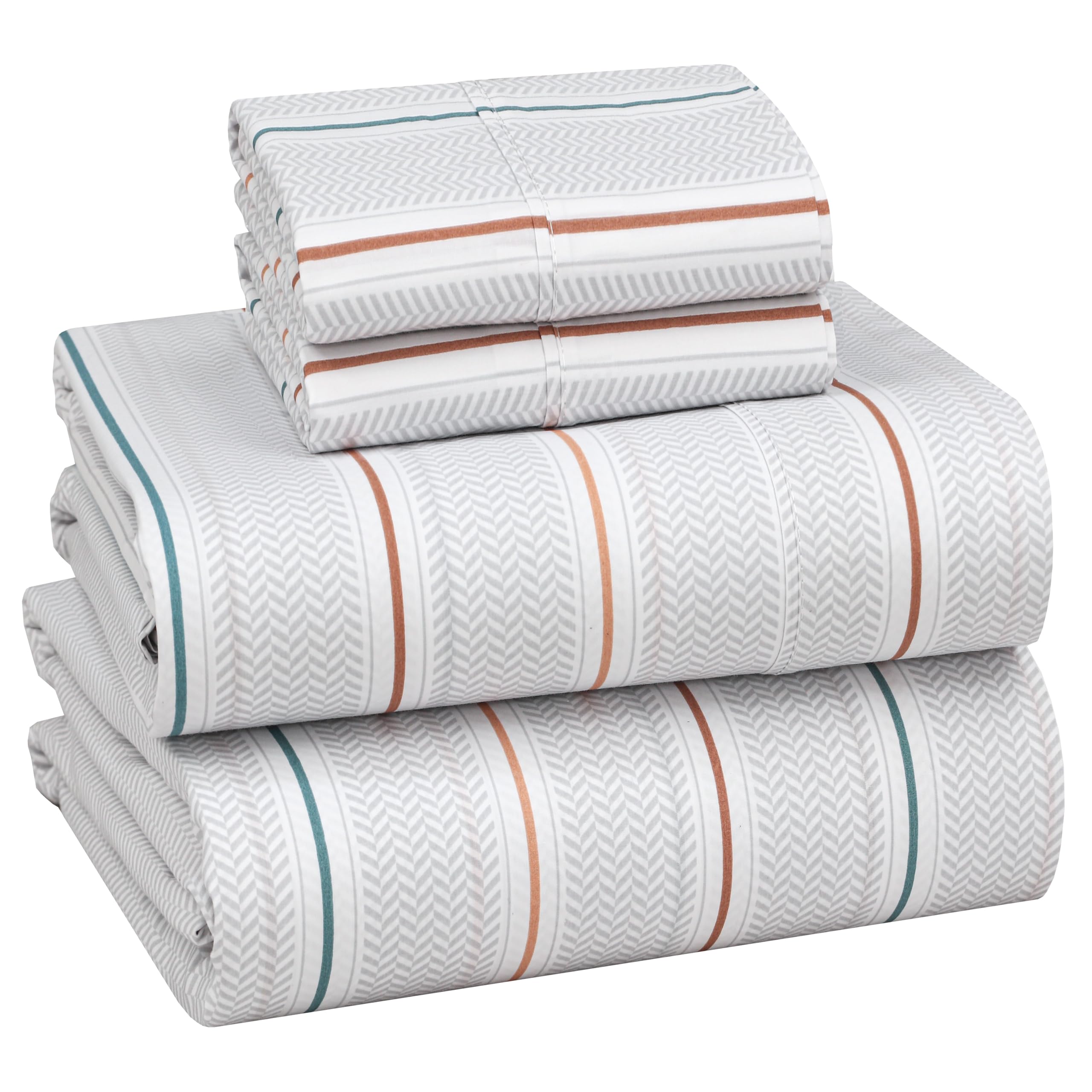 RUVANTI 100% Cotton Percale Sheets California King Size – Crisp Cooling Bed Sheets for Hot Sleepers, Deep Pocket 14”, Soft Breathable & Durable Hotel-Style 4 Piece Set, Chevron Twill Stripe
