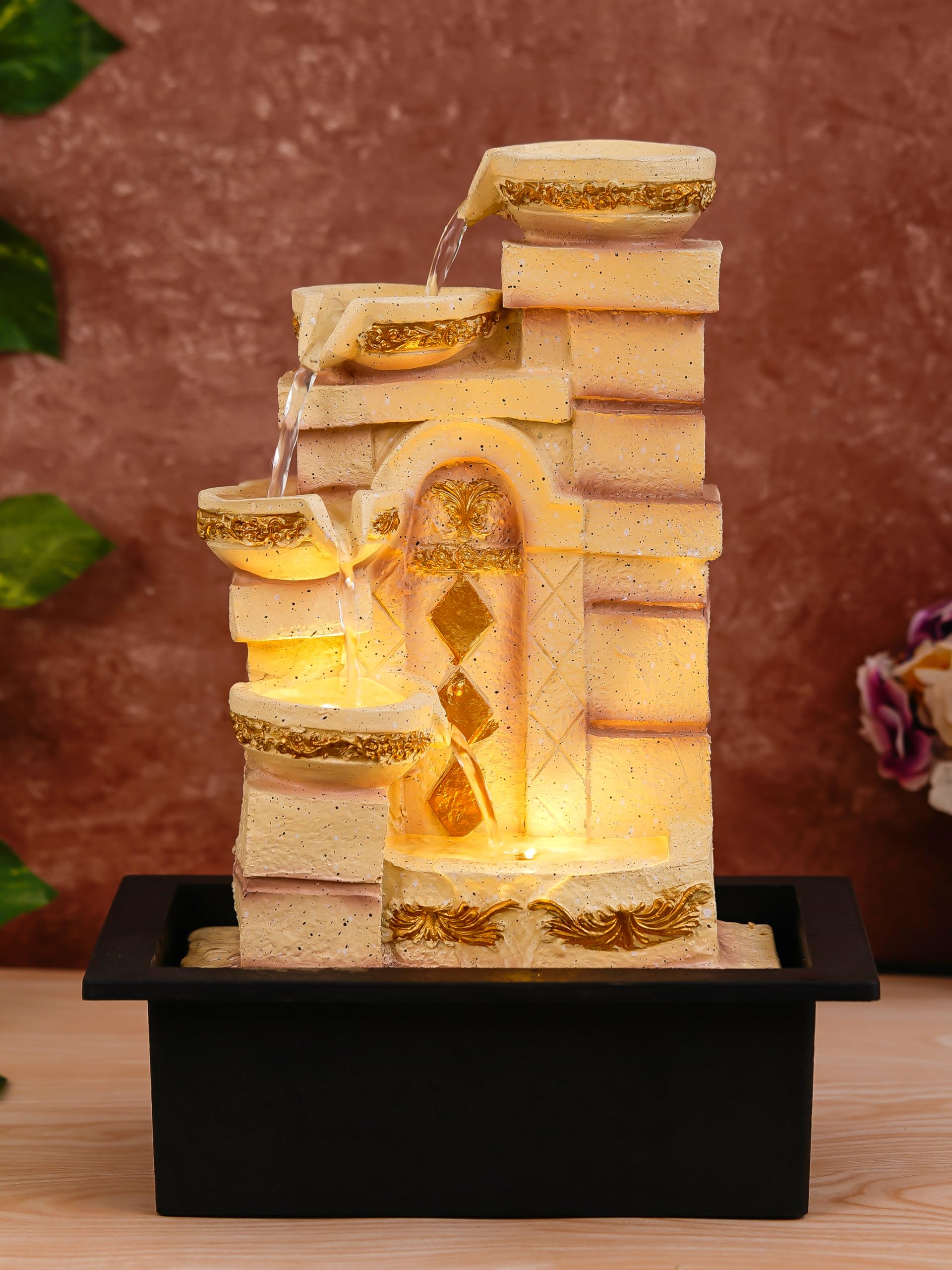 CHRONIKLE Polyresin Designer Table Top Indoor Home Decor 4 Steps Waterfall Fountain with Yellow LED Lights & Water Flow Controller Pump (Size: 40 x 29.5 x 22CM | Weight: 2185grm | Color: Cream)-image-36