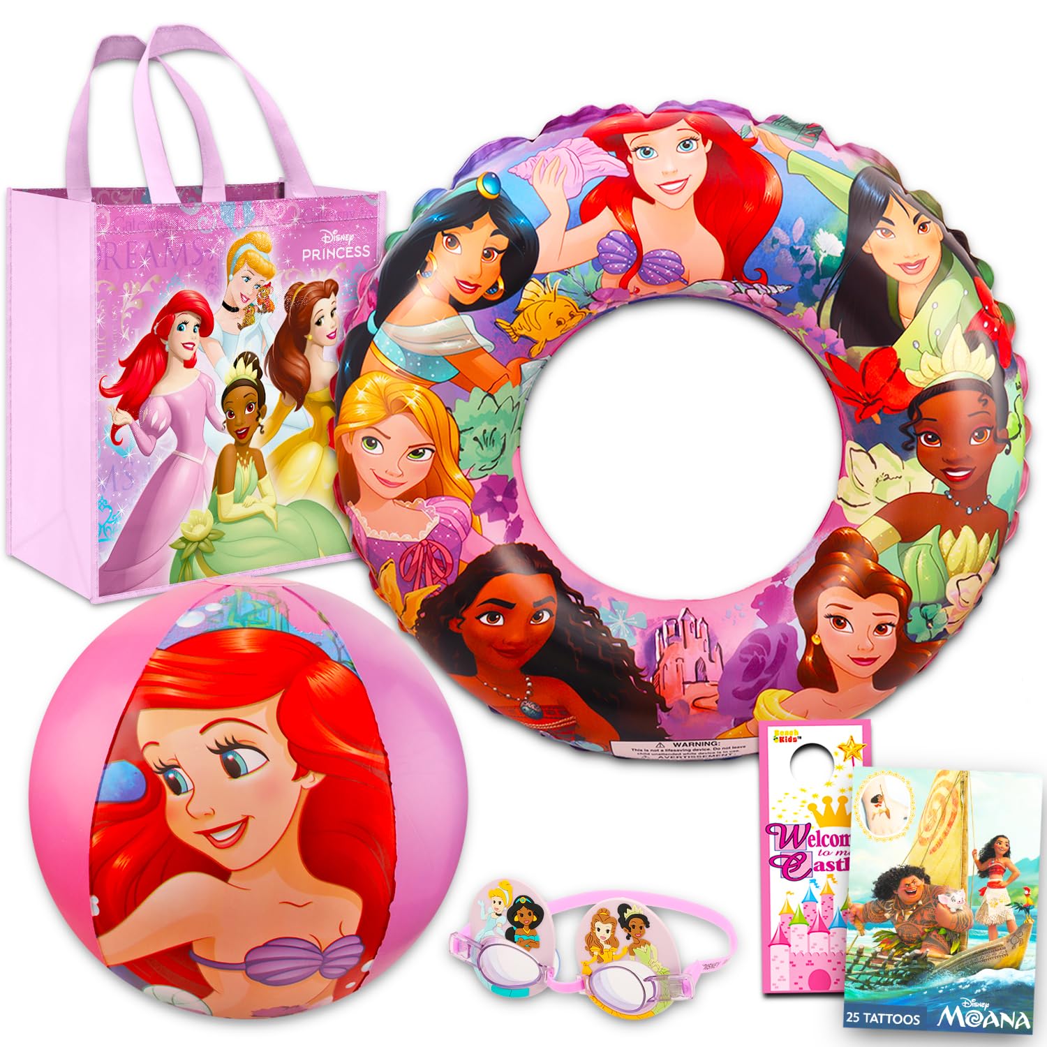 Disney Prinzessinnen-Pool-Spielzeug-Set für Mädchen – Prinzessinnen-Geschenkpaket mit aufblasbarem Schwimmring, Brille, Strandball, Strandtasche, Aufklebern, mehr | Disney