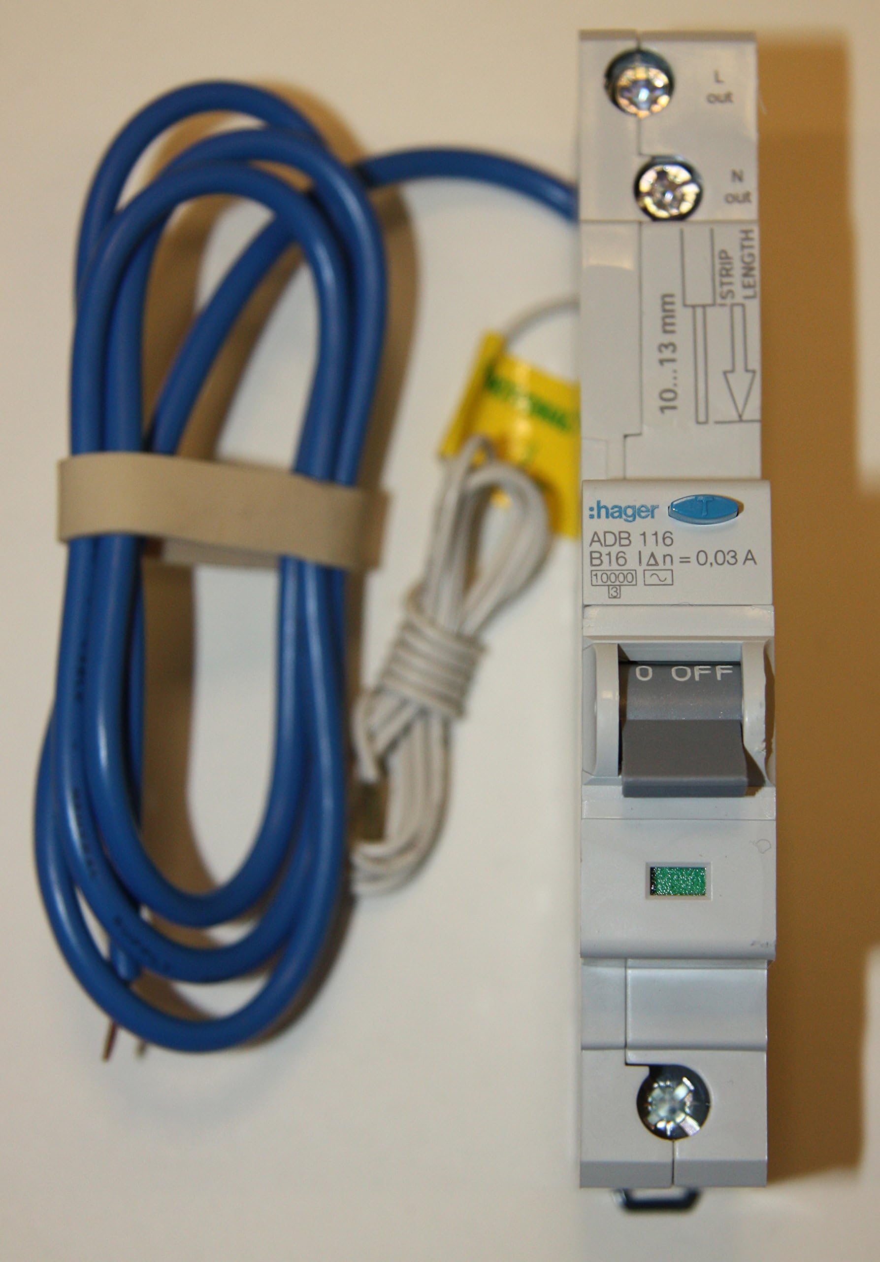 HagerADB116 AC Class Commercial and Industrial Electronic RCBO, 1 Pole, 1 Module, Type B, 10 kA Breaking Capacity, 30 mA Sensitivity, 16 A Current