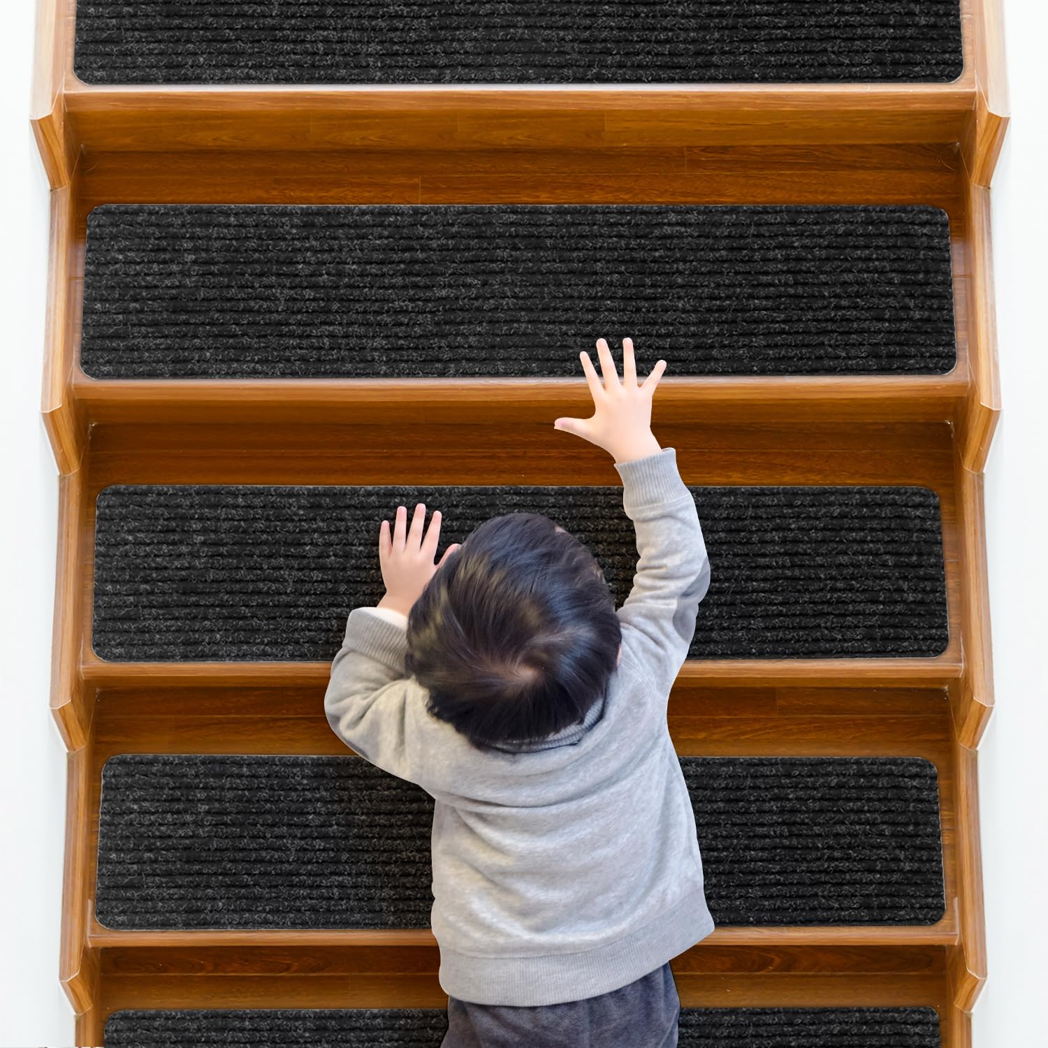 QWORK® Lot de 15 Marchettes d'Escalier Antidérapantes 76x20cm pour Marches en Bois - Sécurité pour Personnes Âgées et Chiens, Noir