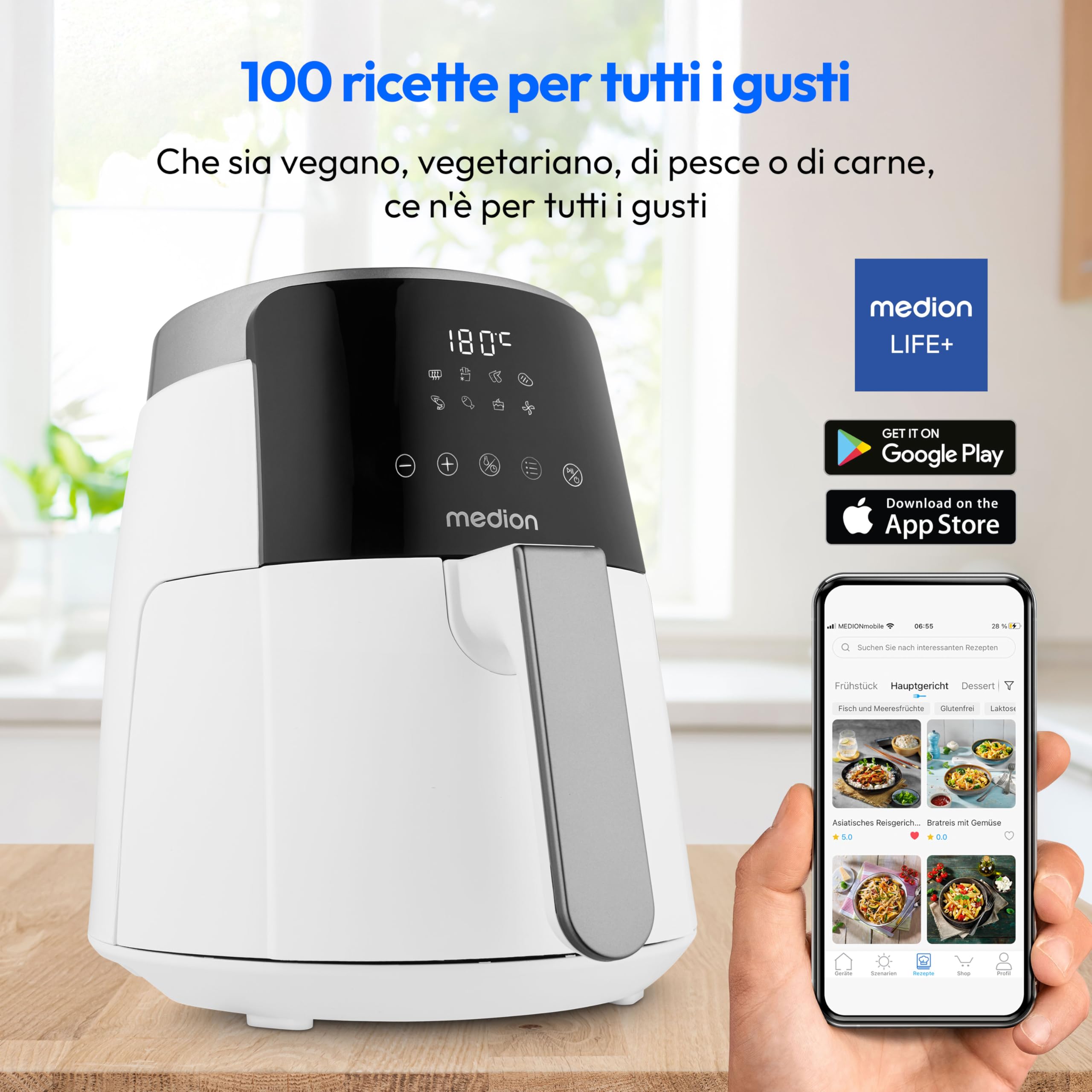 MEDION Friggitrice ad aria calda P40 L (4,7 litri, 1500 watt, funzionamento semplice, frittura senza olio, timer 60 minuti, fino a 200° C, rivestimento antiaderente, MD13030) bianco