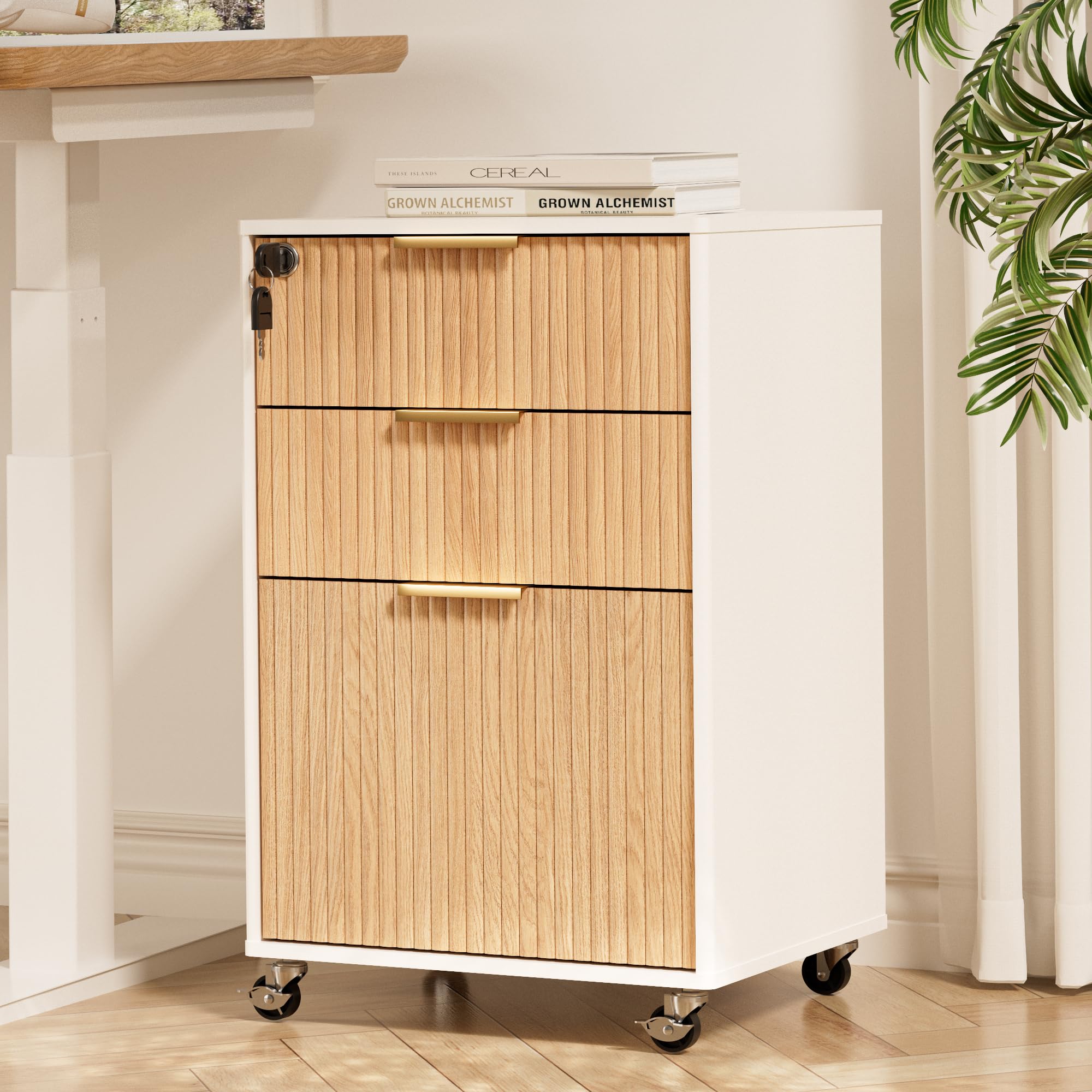 3 Drawer Mobile File Cabinet with Lock, Rolling File Cabinet, Under Desk Wooden Filing Cabinets for Home Office