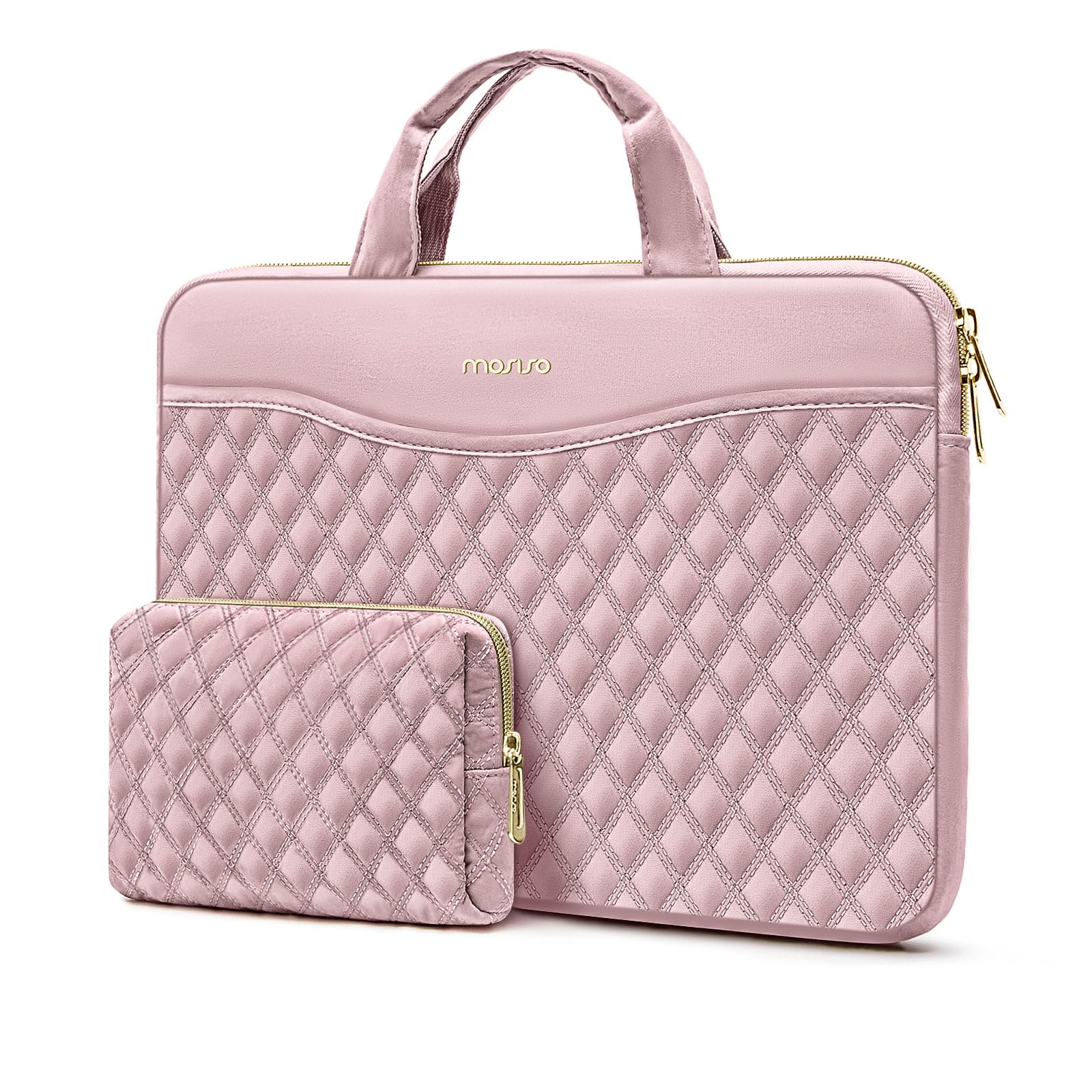MOSISO 13.3 inch Laptop Case, 13-14 inch Laptop Sleeve Compatible with MacBook Air 13/Pro 13/Pro 14, HP Dell Acer ASUS, Rhombus Quilted Laptop Sleeve Bag with Portable Handle&Pocket&Small Case, Pink