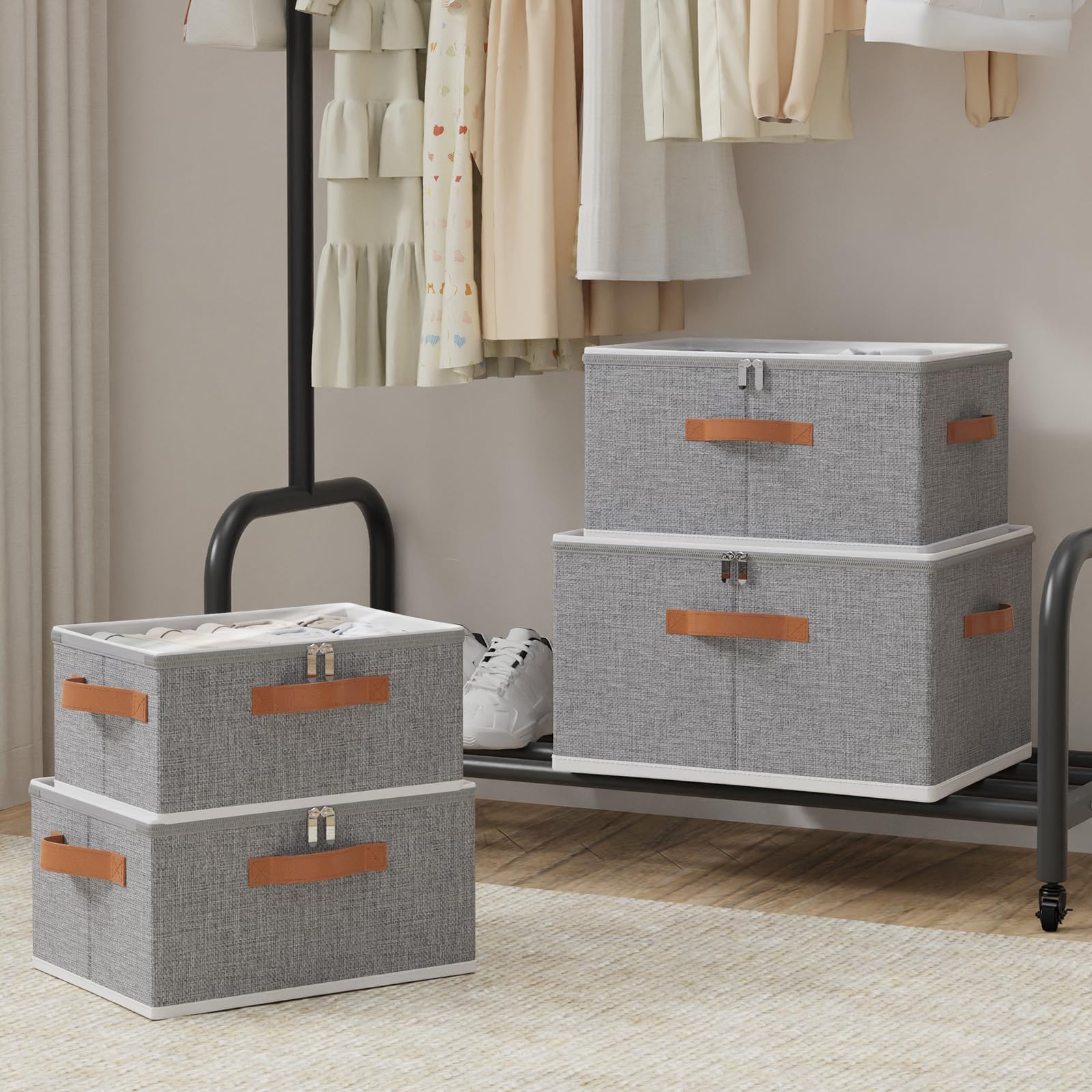 OUTBROS 2 Stück Faltbare aufbewahrungsboxen mit Deckel 50x40x30cm, Grau | Stoffboxen aufbewahrung mit Griff, Kleiderschrank Organizer, Unterbett Aufbewahrungsbox für Kleidung, Decken, Bettdecken