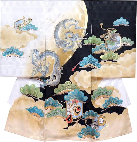 Amazon Co Jp お宮参り 男の子 着物 初着 産着 上質国産生地 洗えるお祝い着 合繊 白ｘ黒 竜に鼓 Ybu110 Bk 服 ファッション小物