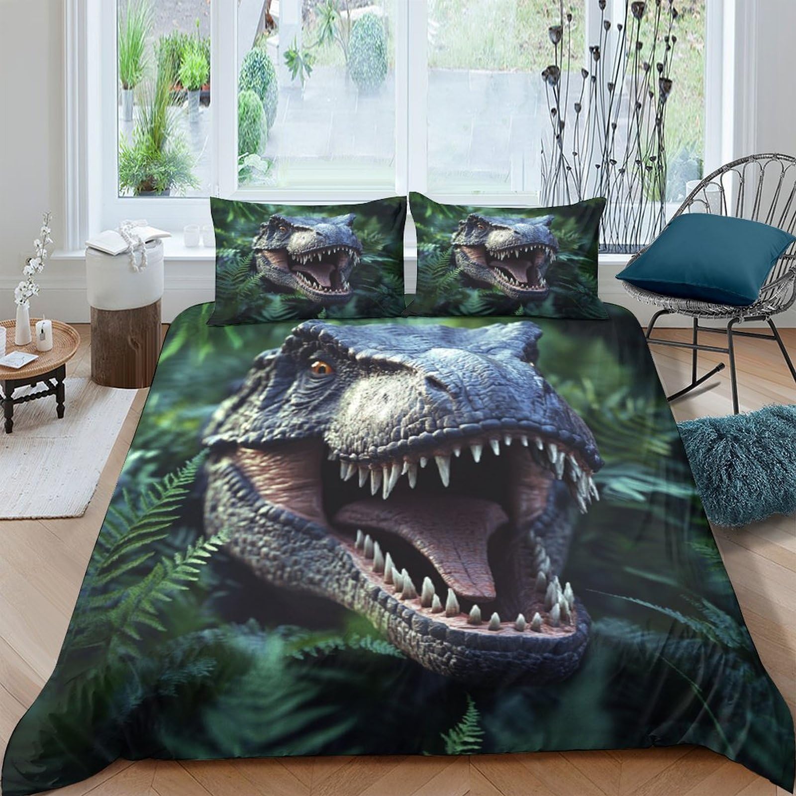 TUFRTGYHN 3D Printed Dinosaur Jungle Duvet Cover Microfiber Soft Breathable T-Rex Bedding Set with 2 Pillowcases for Bedroom Decor Single（135x200cm）