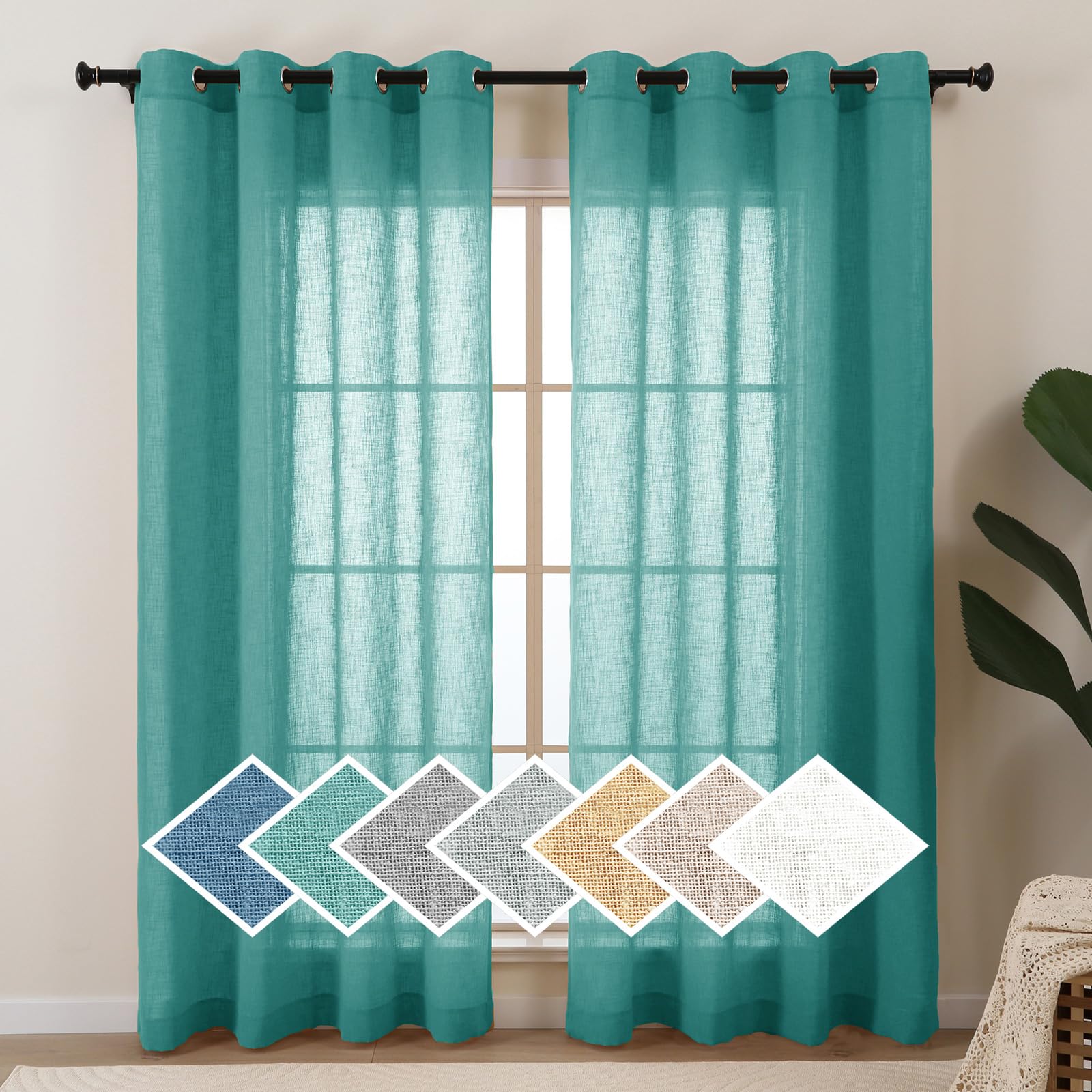 L.Z.E Teal Sheer Curtains for Living Room, 63 Inches Long, Light Filtering Elegant Faux Linen Curtains, Burlap Textured Grommet Window Drapes for Bedroom Dining Room Farmhouse, Set of 2 Panels