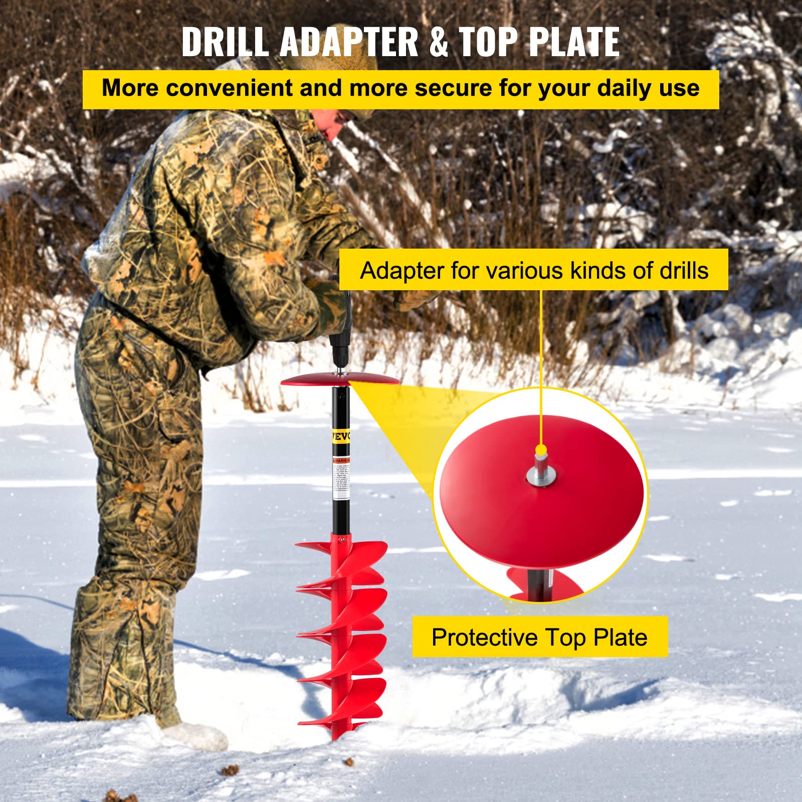 VEVOR Tarière à glace en nylon, diamètre 20 cm, mèche de tarière à glace 104 cm de longueur, tarière à perceuse avec poignée en caoutchouc, adaptateur de perceuse, lame de tarière pour pêche glace
