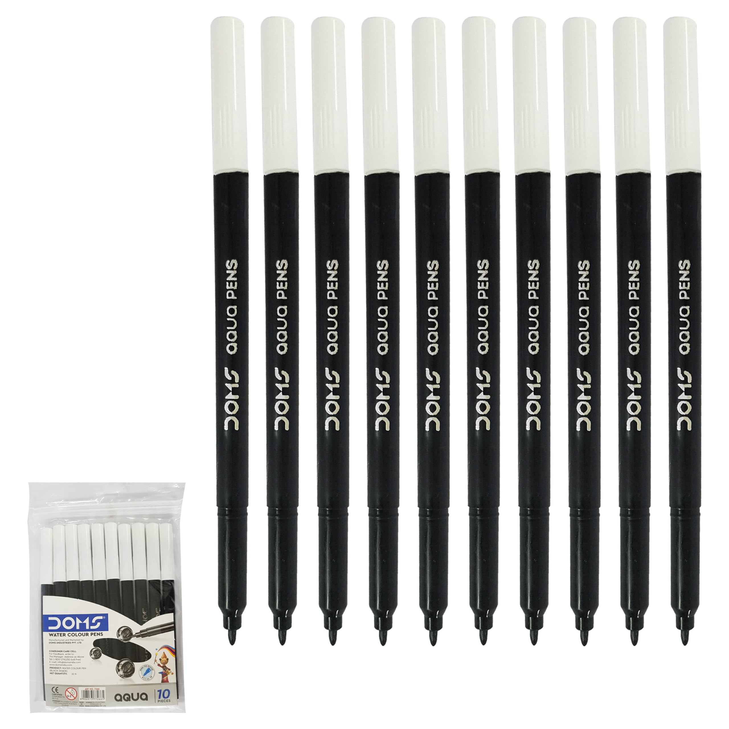 Doms Aqua Felt Tip Pens, BLACK, Pack of 10, Fibre Felt Tip Water Colour Pens, Write Draw Sketch Mark, Perfect for School Office Home Everyday Use