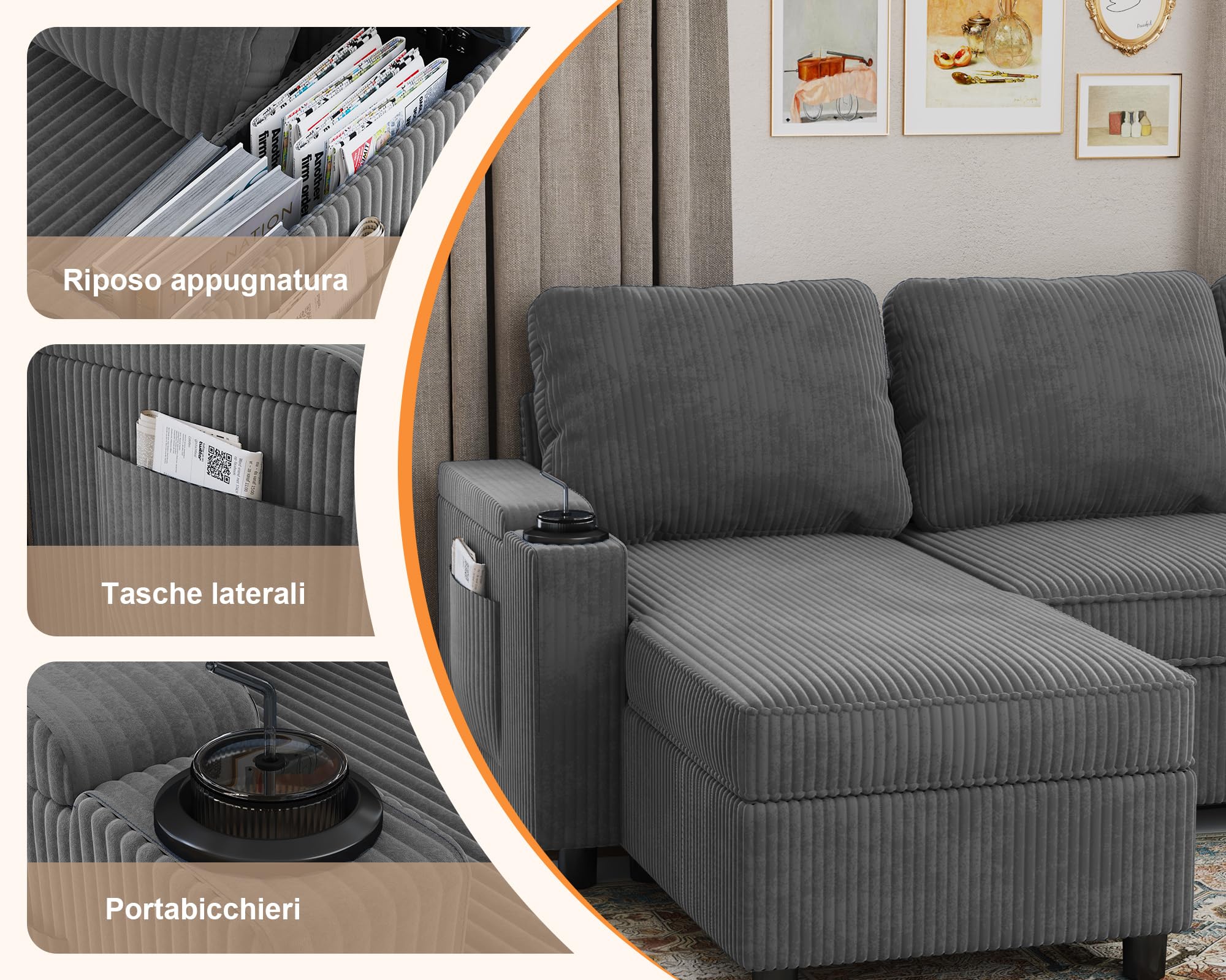 Devoko Divano Letto Chaise Longue a Forma di L, Divano da Salotto Cheslong a 3 Posti Convertibile in Letto, con Contenitore Integrato e Portabicchieri, Tessuto Morbido Beige Grigio Scuro