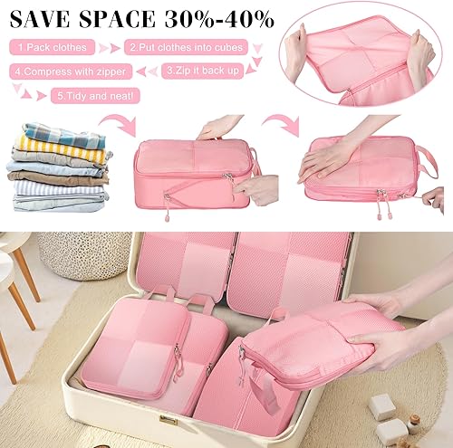 Miniatura 2 de Juego de 8 cubos de compresión para equipaje de viaje, ligeros, expandibles, organizadores de maletas para equipaje de mano, Rosado