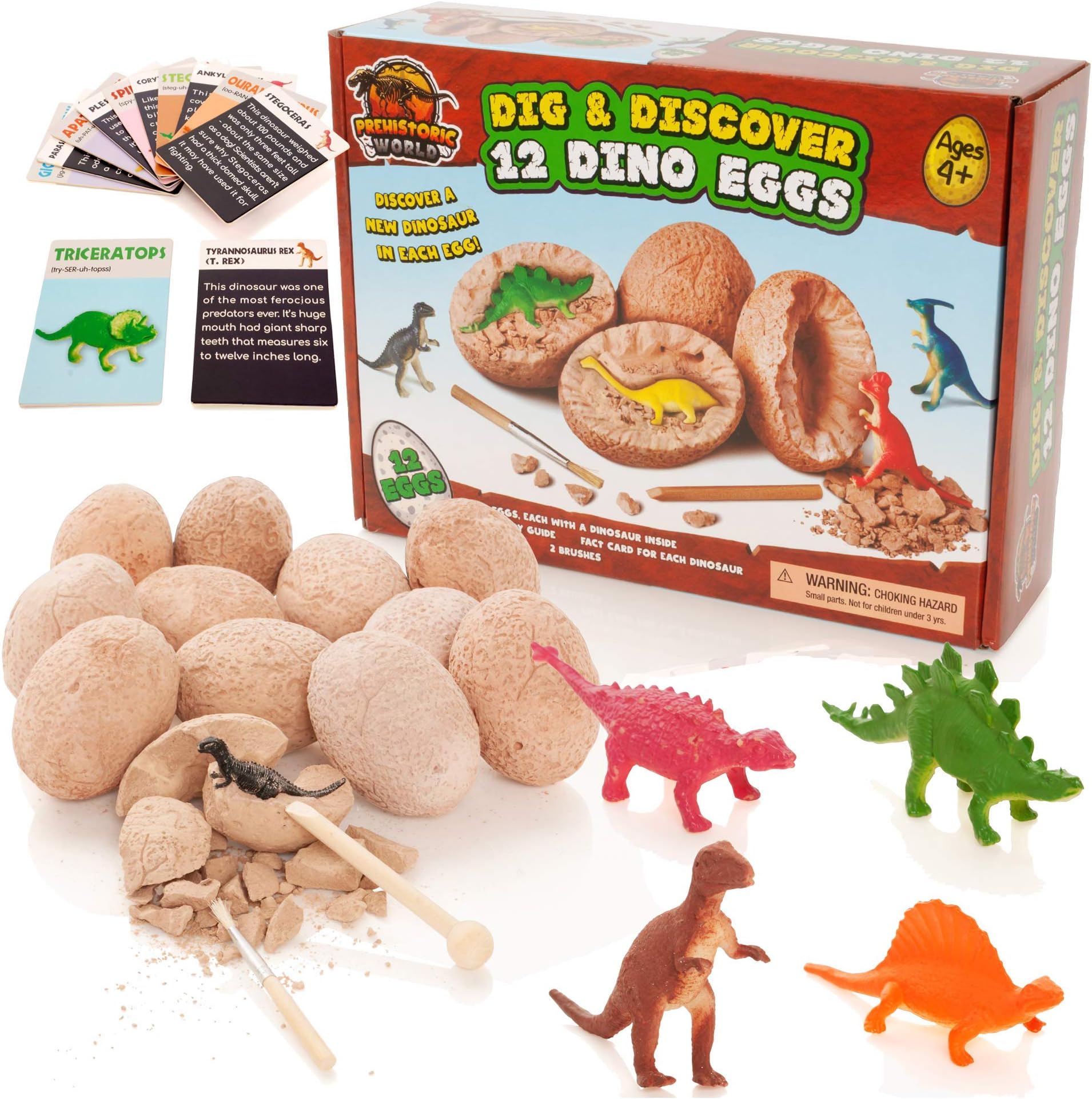 Prehistoric World Dinosaur Toy - Dinosaurs Egg Dig Kit - Dino Egg Excavation Kits For Kids - Includes 12 Eggs & Figures Plus 12 BONUS Educational Cards - Dinosaur Toys For Boys Age 3 4 5