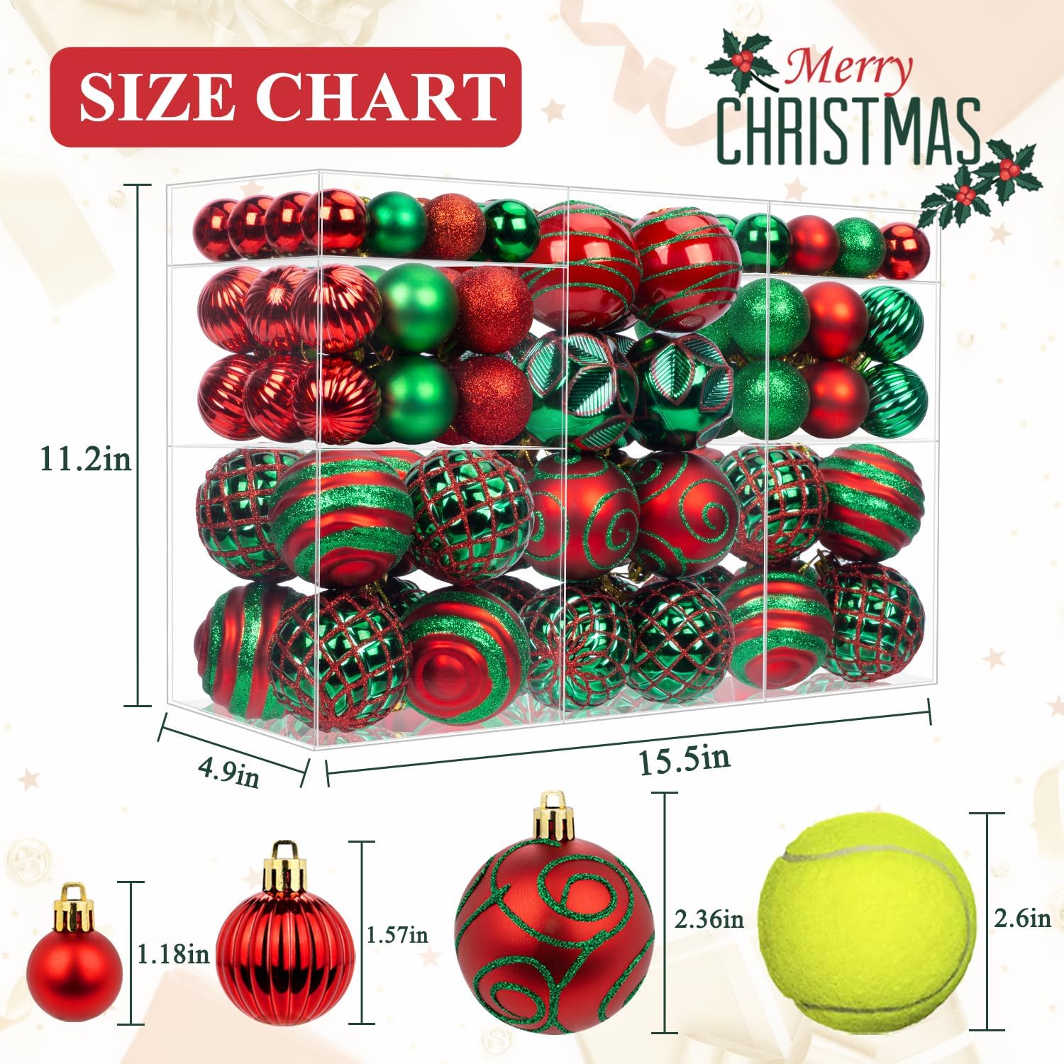 100 Pcs Christmas Ball Ornaments Set, Red and Green Xmas Tree Decoration, Shatterproof Decorative Hanging Balls with Loop for Christmas Party Holiday Wreath Garland Home Decor