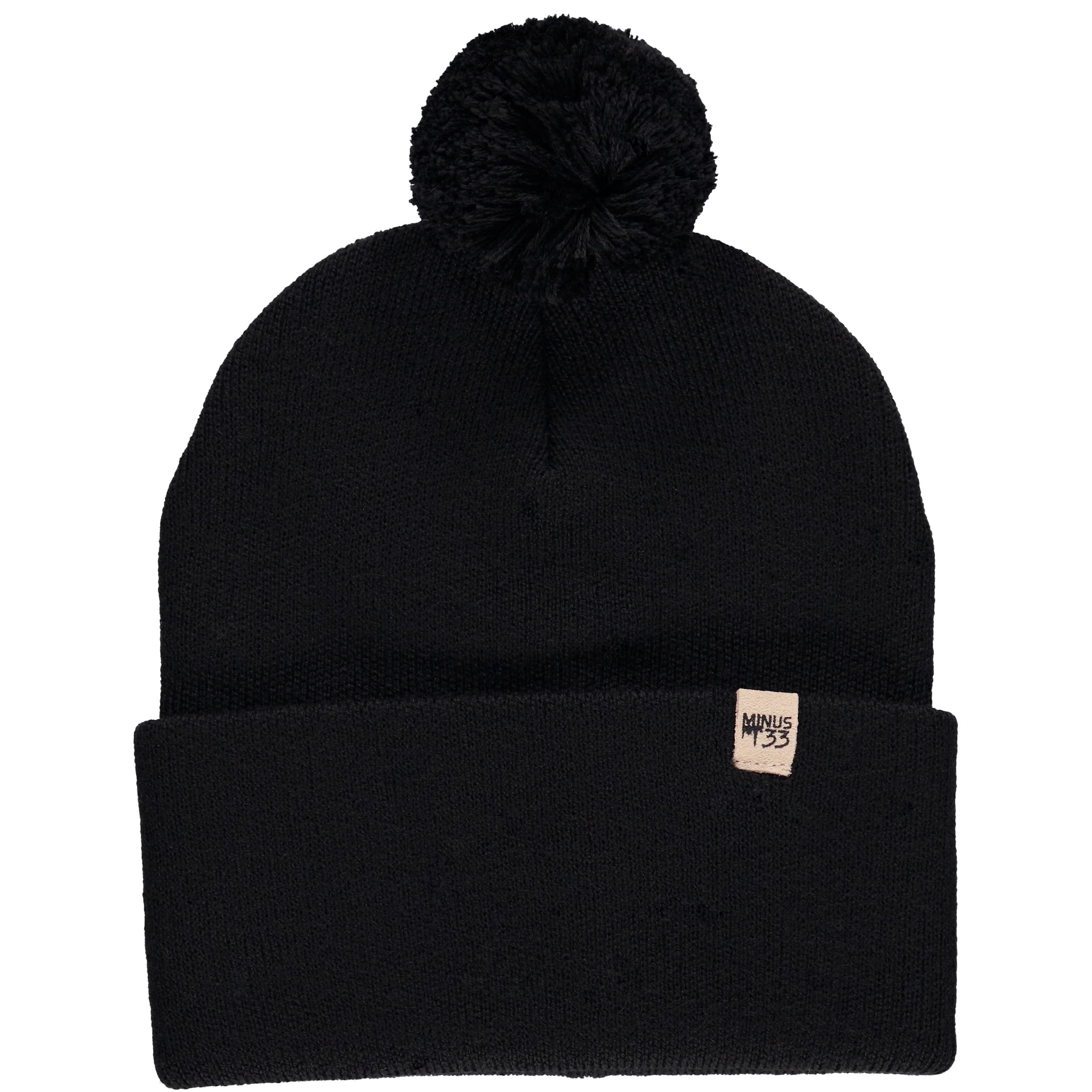 100% Merino Wool Midweight Everyday Knit Cuff Pom Beanie - Winter Pom Pom Hat - Black - One Size