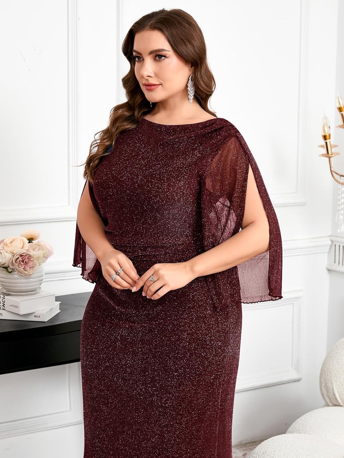 CYCLAMEN Plus Size Sparkly Evening Dress 3/4 Petal Sleeve V-Back Ruched Maxi Gown for Wedding Guest Mother of The Bride - Image 4