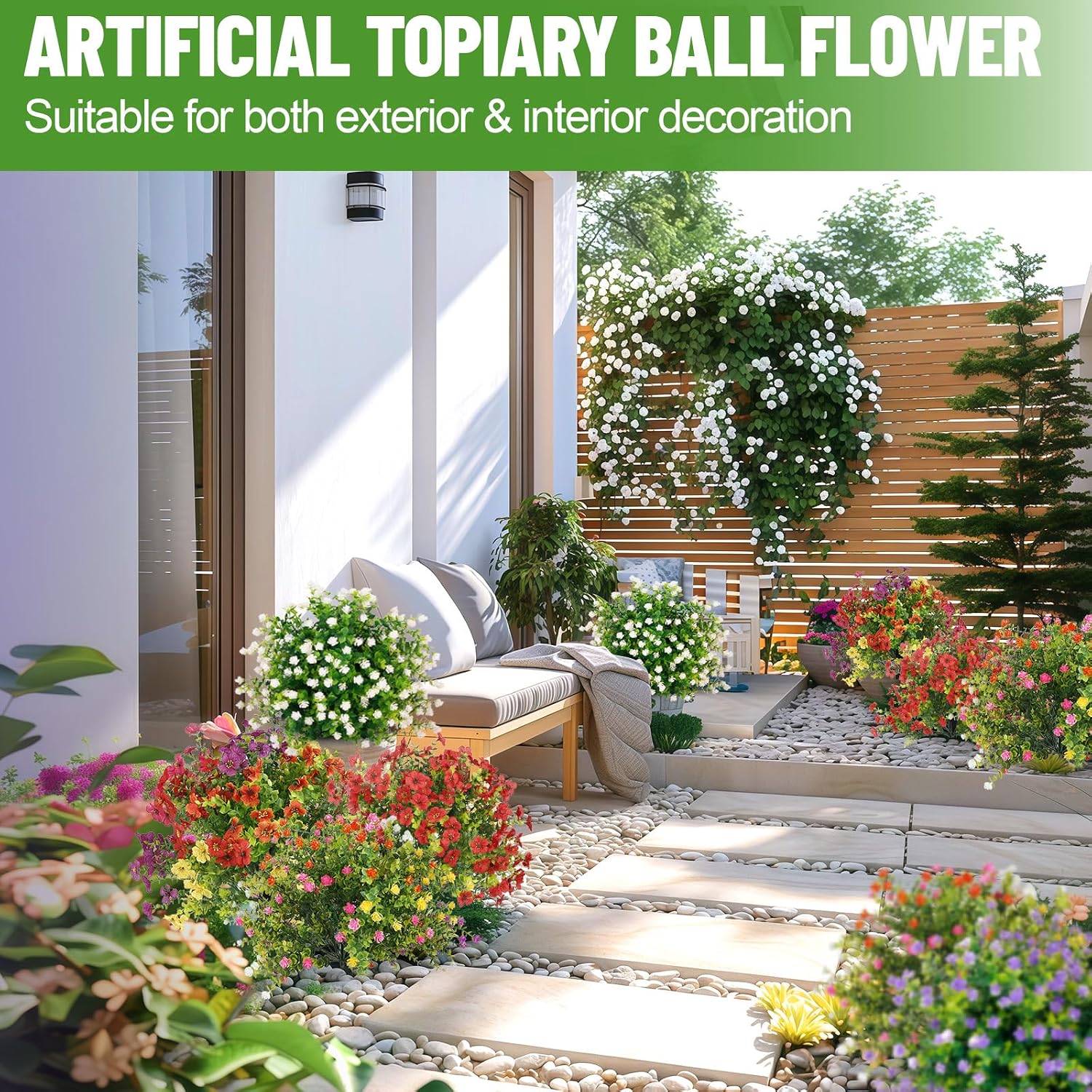 2 Pack Artificial Topiary Ball Trees with Camellia Flowers, 21.26" Artificial Outdoor Shrubs with Ground Spike, UV Resistant Fake Bushes for Outdoor Indoor Front Porch Garden (White Camellia)