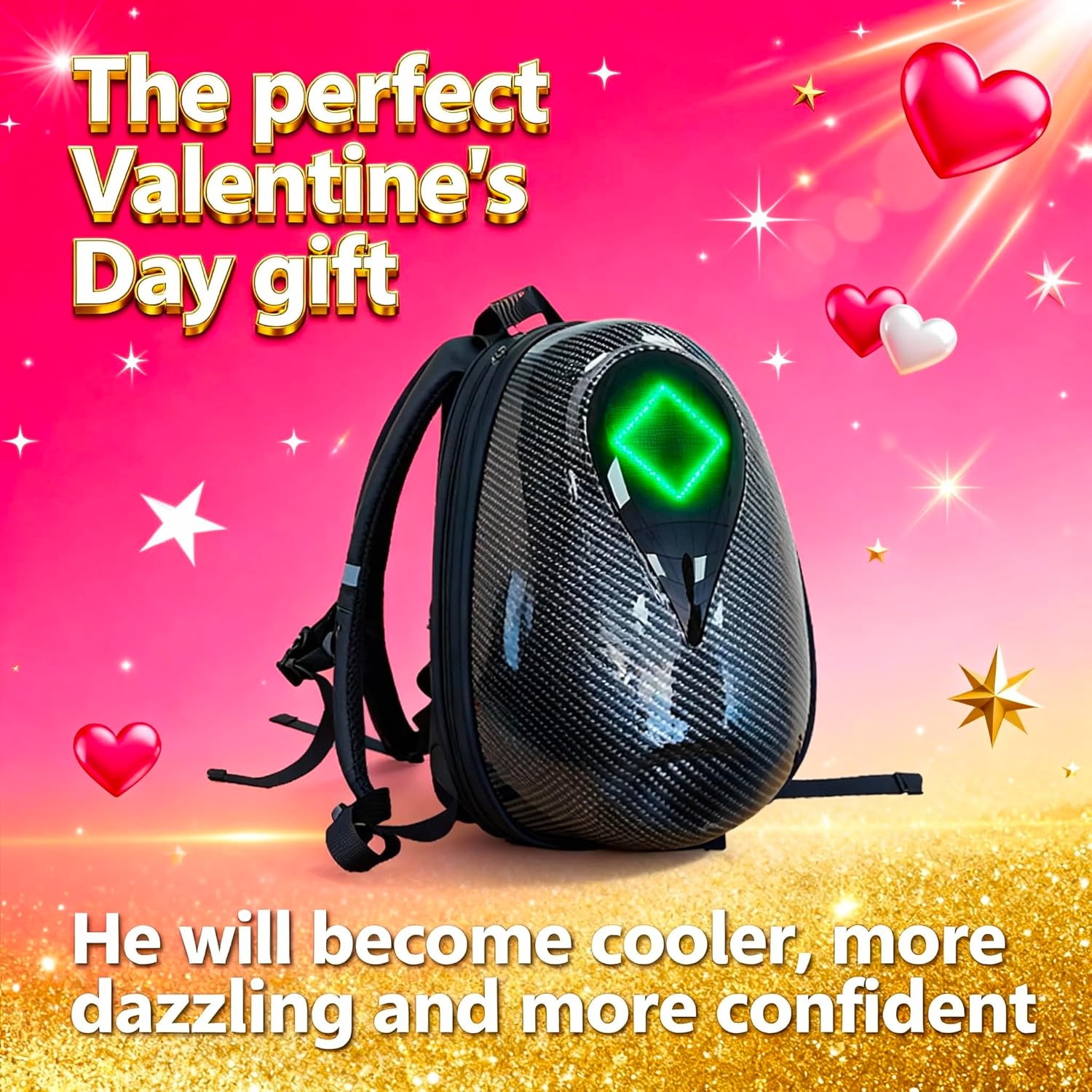 SH08 Sea-heart LED Backpack, Smart Programmable LED, App Controlled, Waterproof, High Capacity Motorcycle Helmet,Carbon Fiber Texture, Stylish Rider Backpack. USB Powered(Power Bank Not Included)