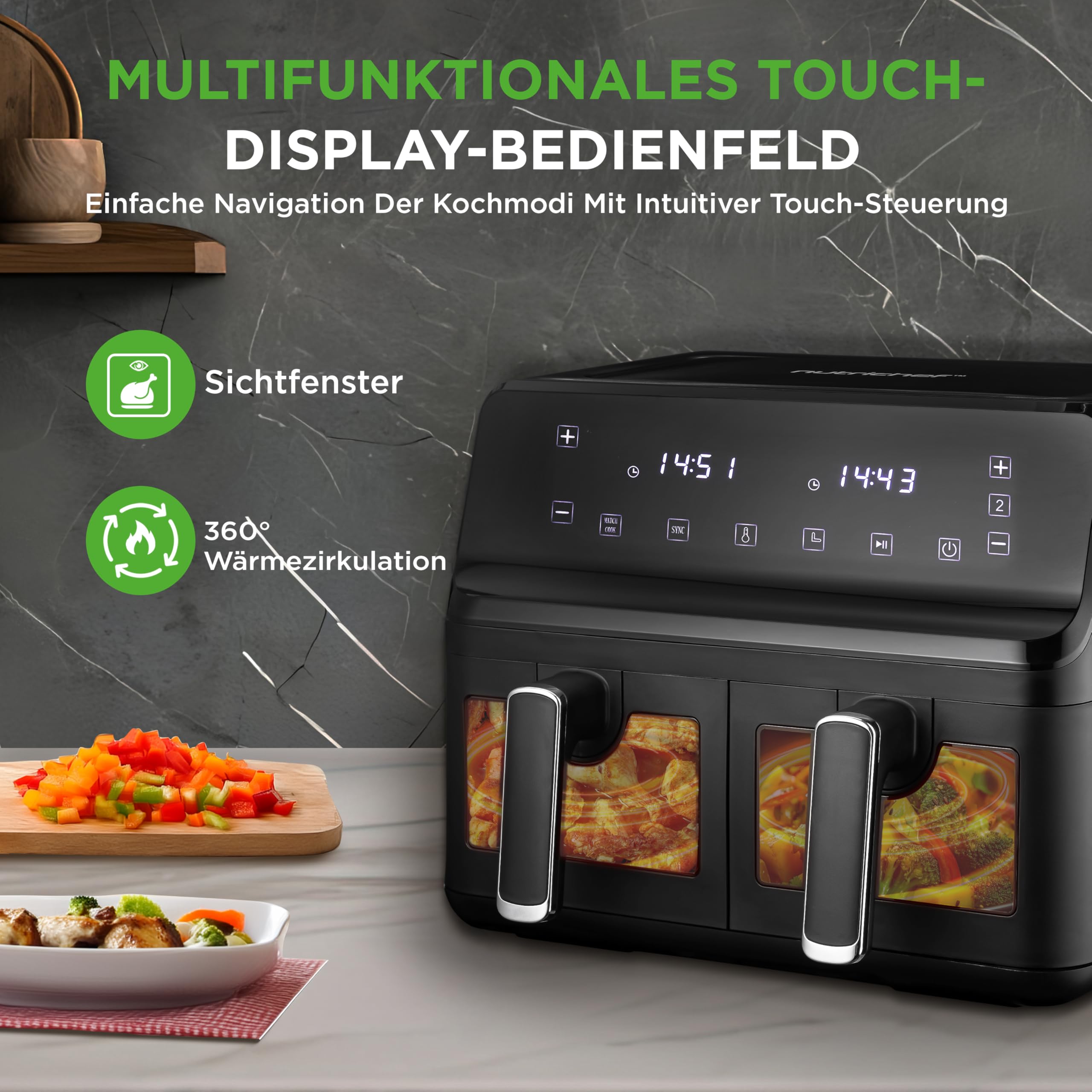 Nutrichef Heißluftfritteuse XL Doppelkammer Airfryer ohne Öl – 2 Körbe – Bild 5