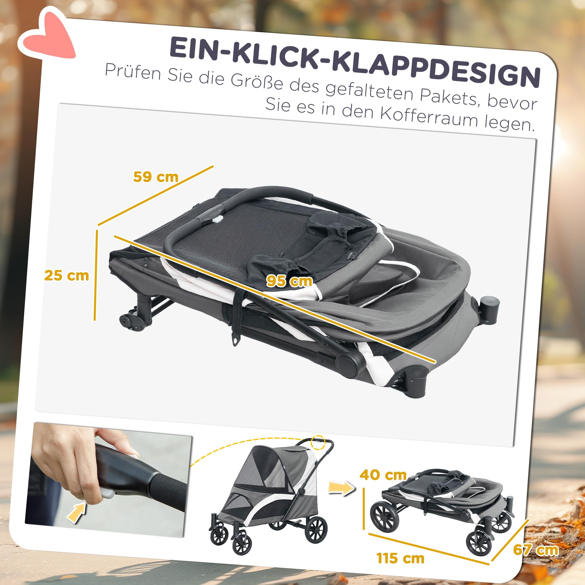 PawHut Wózek dla psów i kotów, do 30 kg, z poduszką, okienkiem z siatki, drzwiami, torbą do przechowywania, linkami bezpieczeństwa, hamulcami